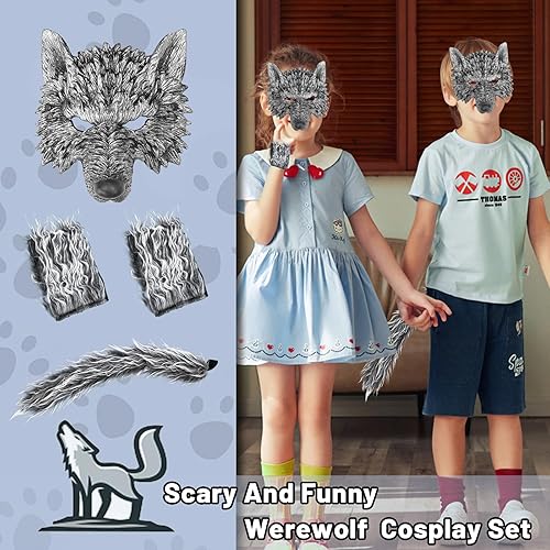 Miniatura 5 de Máscara de lobo con cola y guantes, disfraz de hombre lobo para hombres, mujeres y niños, disfraz de fiesta de Halloween, cosplay