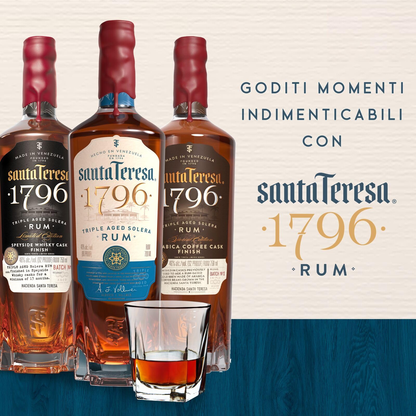 Rum Solera a triplo invecchiamento Santa Teresa 1796, Vol. 40%, 70 cl / 700 ml, Pregiato rum scuro Single Estate venezuelano affinato in botti di rovere
