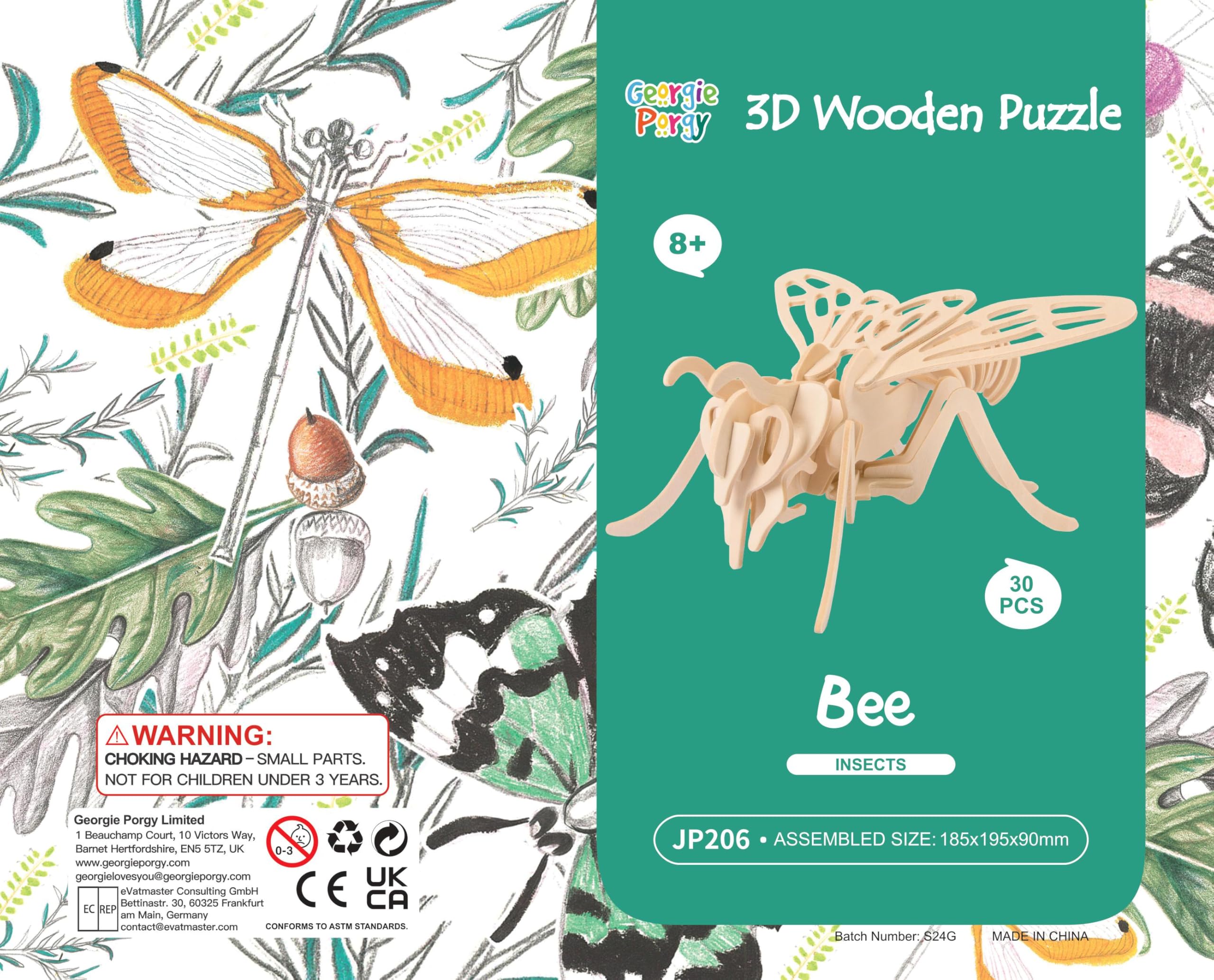 Georgie Porgy 3D Wooden Puzzle Bee Model Woodcraft Construction kit Kids Toys age 5+ (JP206 Bee 30pcs), 30 pieces, 23.1 x 18.5 cm - Image 3