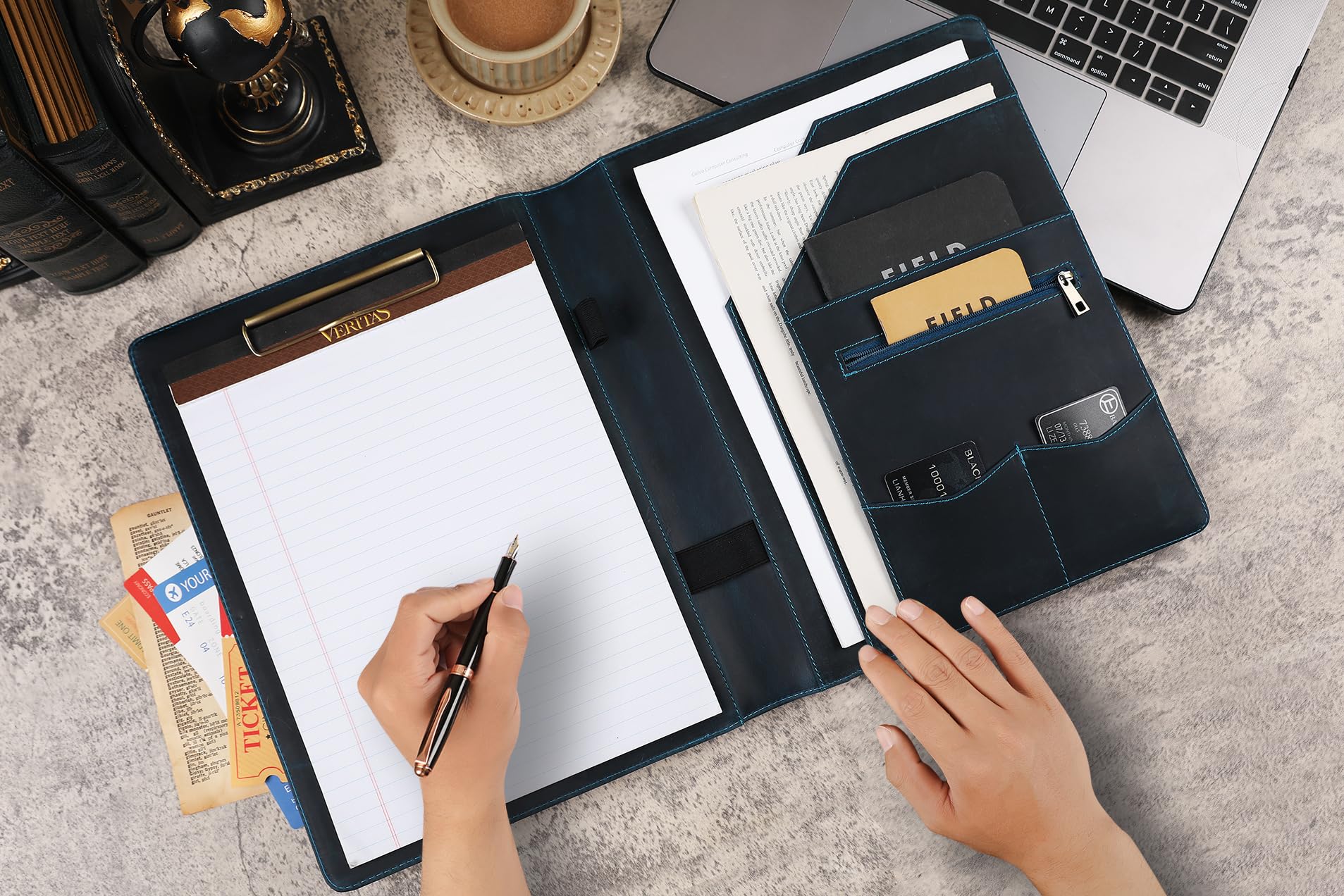 Portfolio-Mappe aus echtem Leder, für Linkshänder, Business-Organizer, Lebenslauf-Ordner, A4-Dokumentenmappe, Rechtsblock-Padfolio für Damen und Herren