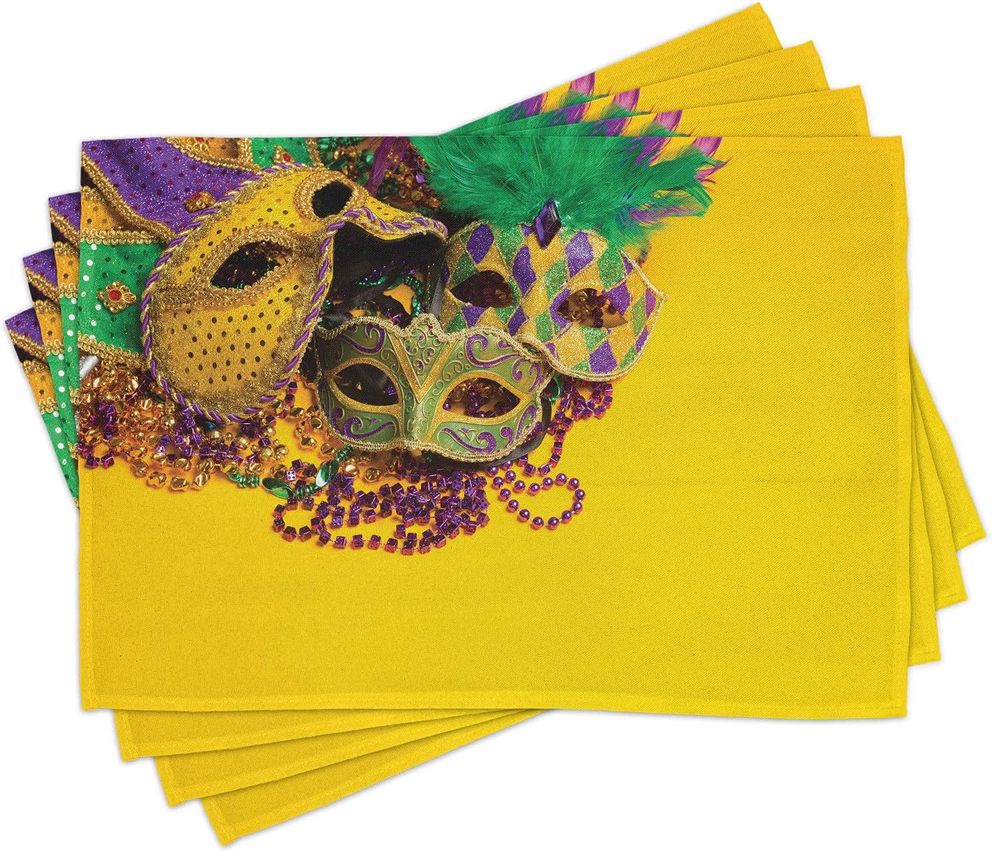 Ambesonne Mardi Gras Place Mats Set of 4, Colorful Group of Venetian Carnivals Accessories, Washable Fabric Placemats for Dining Table, Standard Size, Yellow Purple