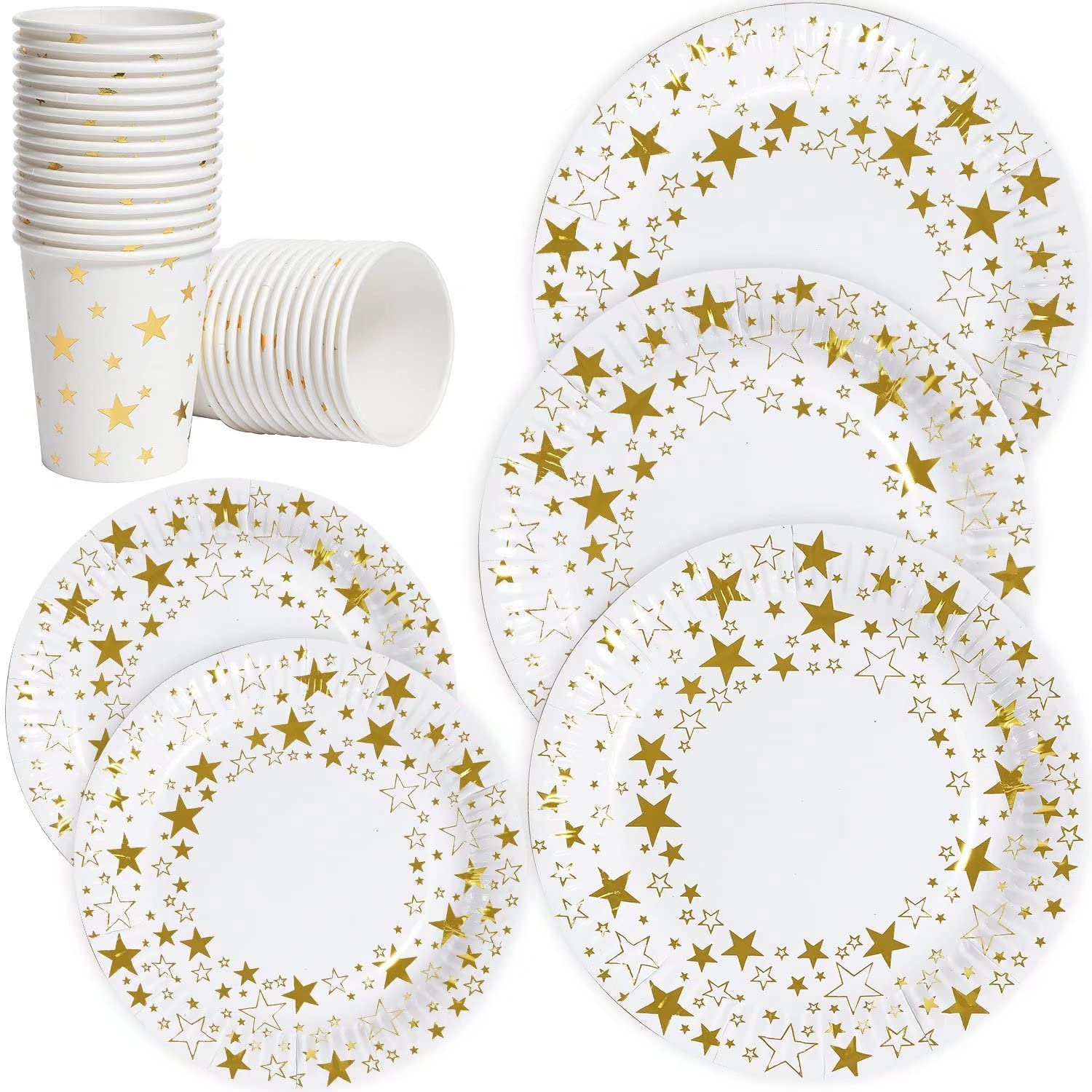 Disposable Everyday Paper Plates and Cups Set,7"/9" Dinner and Dessert Plates-100 Count,Biodegradable 9oz Hot Cup-50 Pcs,Gold Dot Printed Disposable Plate for Bridal Baby Shower,Wedding,Birthday Party