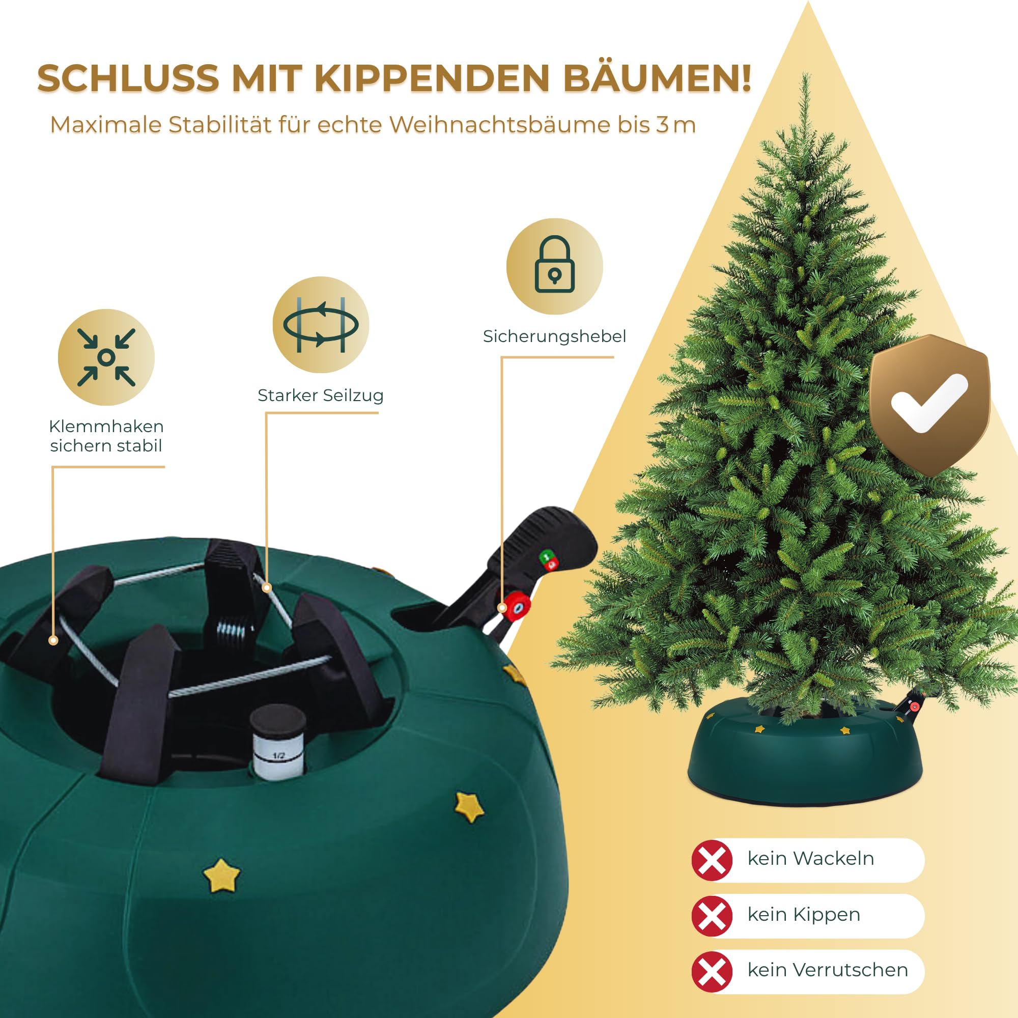 Stabiler Christbaumständer für Baumhöhe bis 3m, mit Fußpedal und Einseiltechnik, inkl. 3L Wassertank, Weihnachtsbaumständer mit Sicherheitssystem, Grün (Matt) – Kamai Start 3.0
