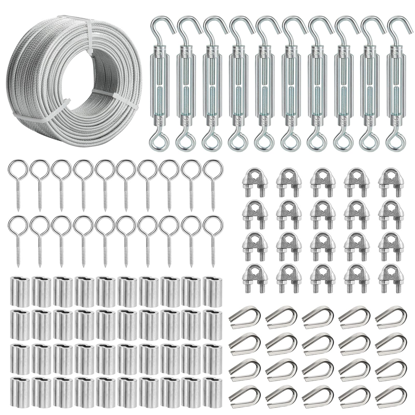 Cavo metallico da 0,3 cm, cavo in acciaio rivestito in PVC da 60 m, con kit tendicavo, 7 x 7 cm, per raddrizzare e sostenere alberi, per appendere luci a corda, linea vestiti, ringhiera per
