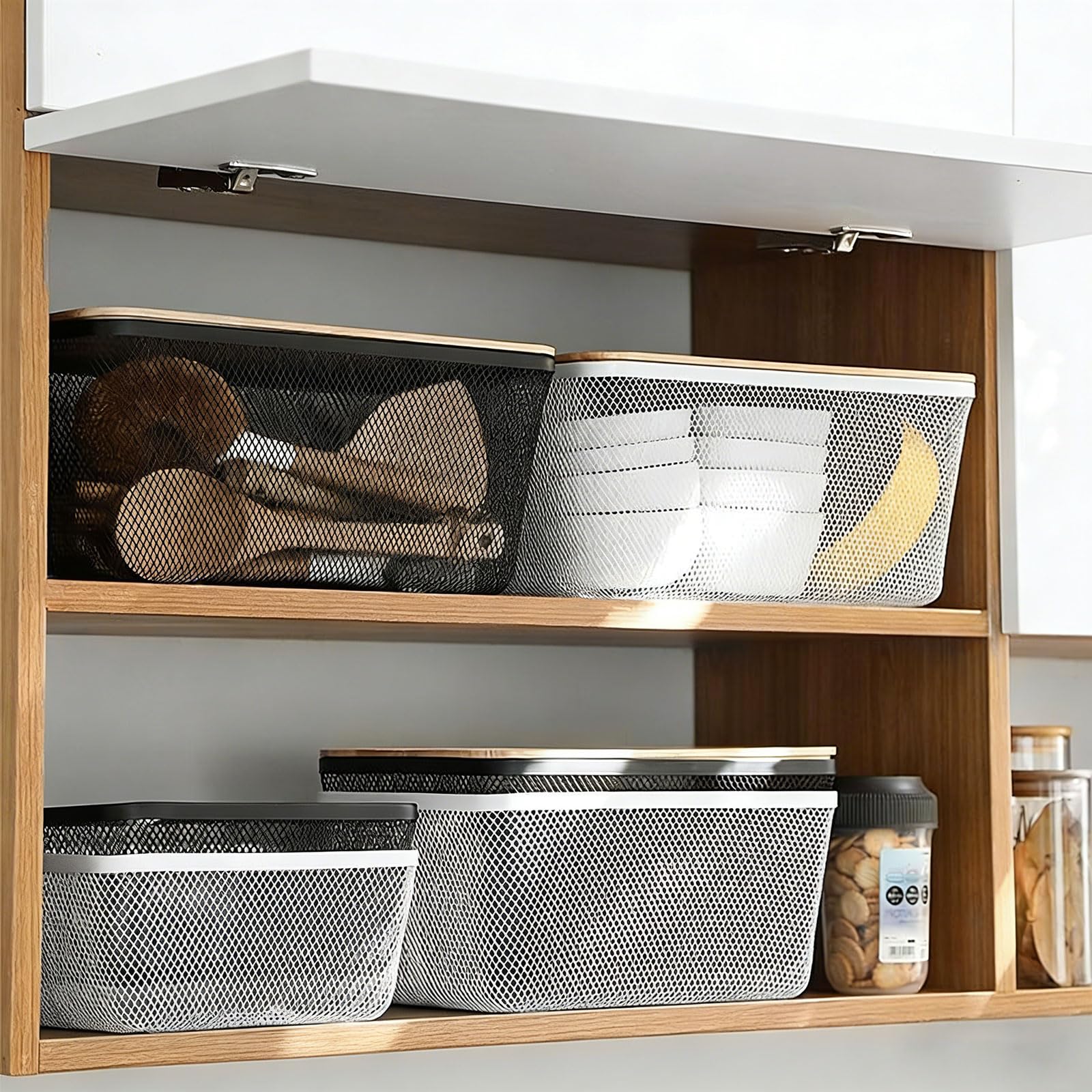 3 cestas de alambre de metal con asas de madera para cocina, baño y zona de trabajo, solución de almacenamiento, frigorífico y congelador