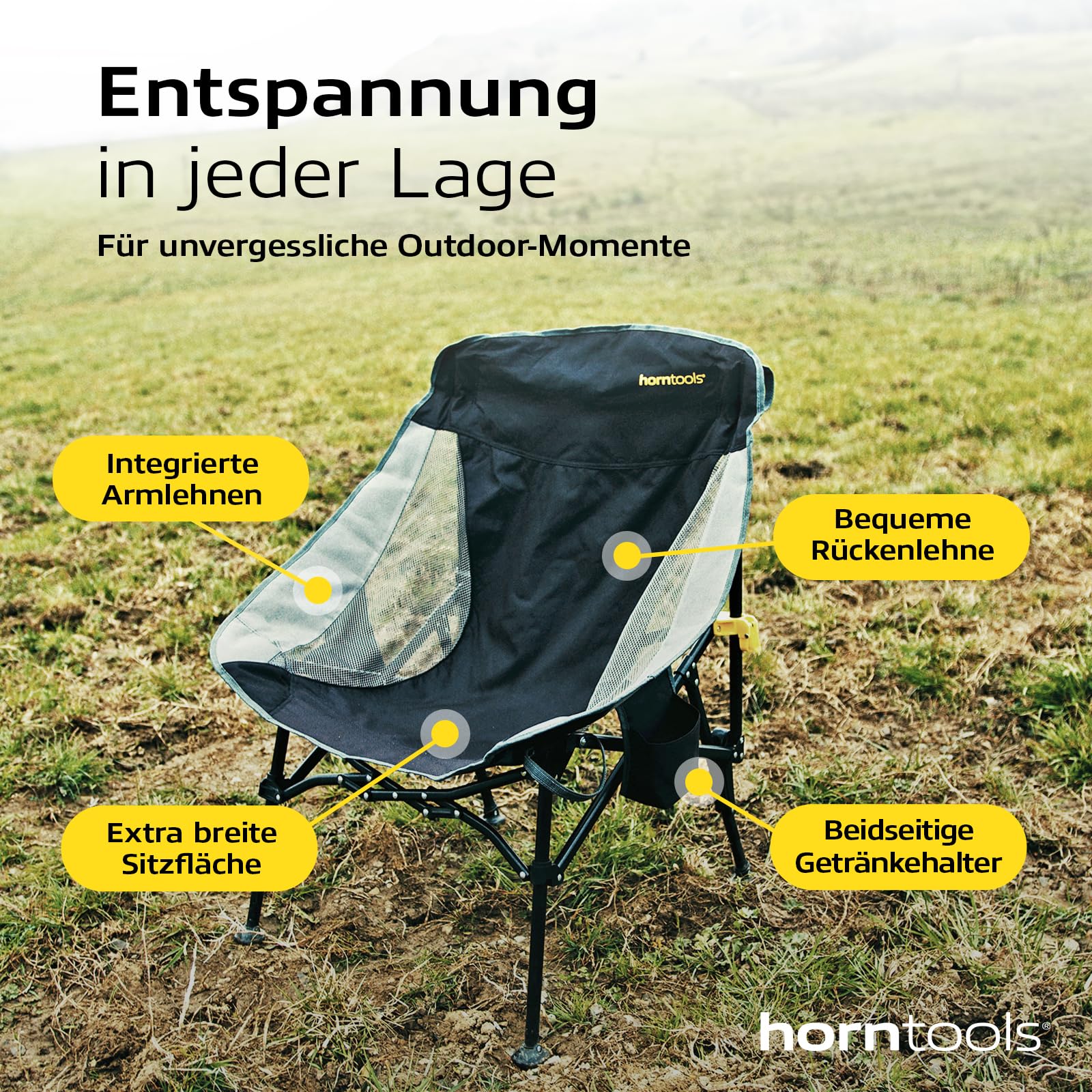 horntools Campingstuhl Faltbar 150 kg - Klappstuhl Robust & Leicht - Angelstuhl mit Getränkehalter & Tragetasche - Ideal für Camping, Outdoor & Wandern