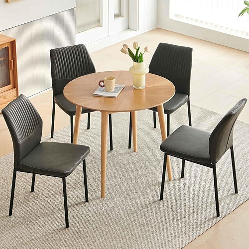 Miniatura 28 de Juego de mesa de comedor para 4, mesa de comedor rectangular irregular de madera moderna, sillas de comedor de cuero, 4 mesas y sillas, juego de 4