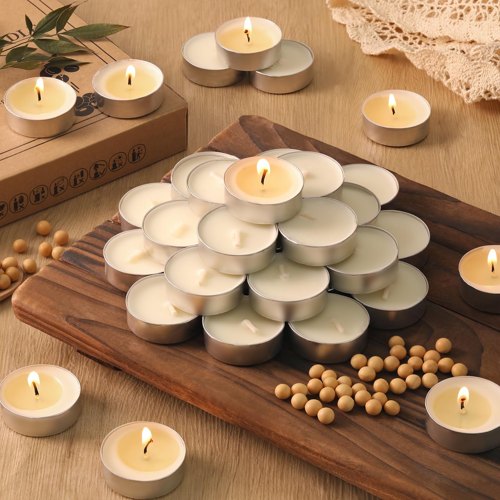 LETINE Soywax Tea Lights Candles Bulk 50 Pack, 4 Hour White Tea Lights Long Burning, Unscented Tealights for Wedding, Party Centerpieces, Emergency Use