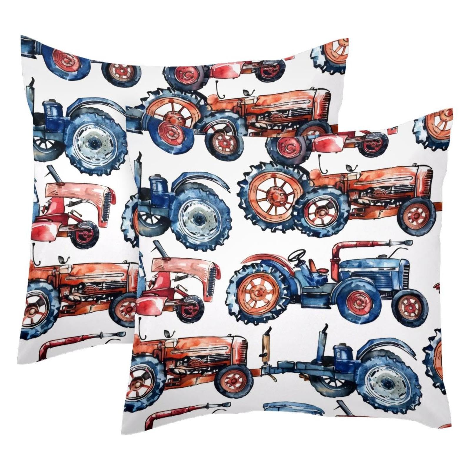 Housse de coussin tracteur agricole double face en velours doux rouge bleu 50x50