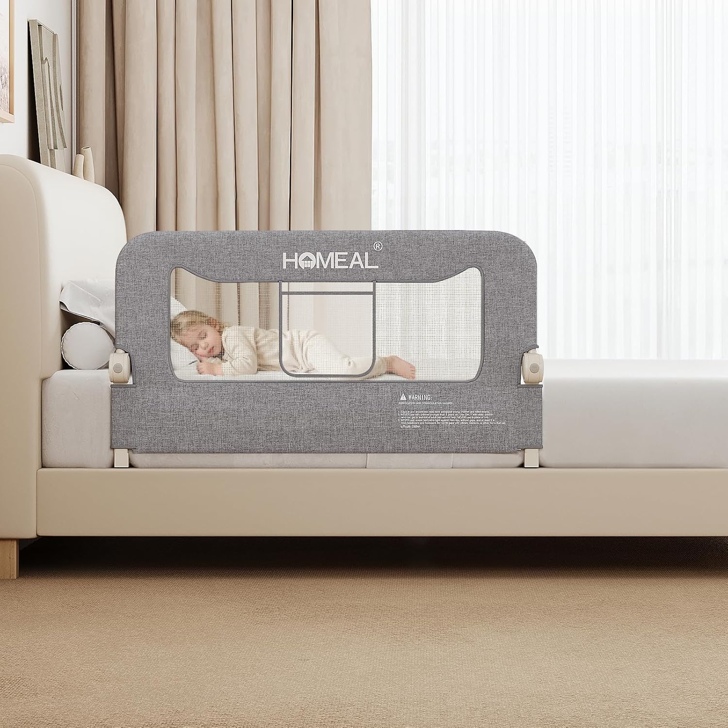 homeal bed rail for toddlers, 32in foldable baby bed rail guard, toddler bed rails with u-shape base, breathable mesh bed rail for twin, full, queen, king beds, bed rail for baby, grey