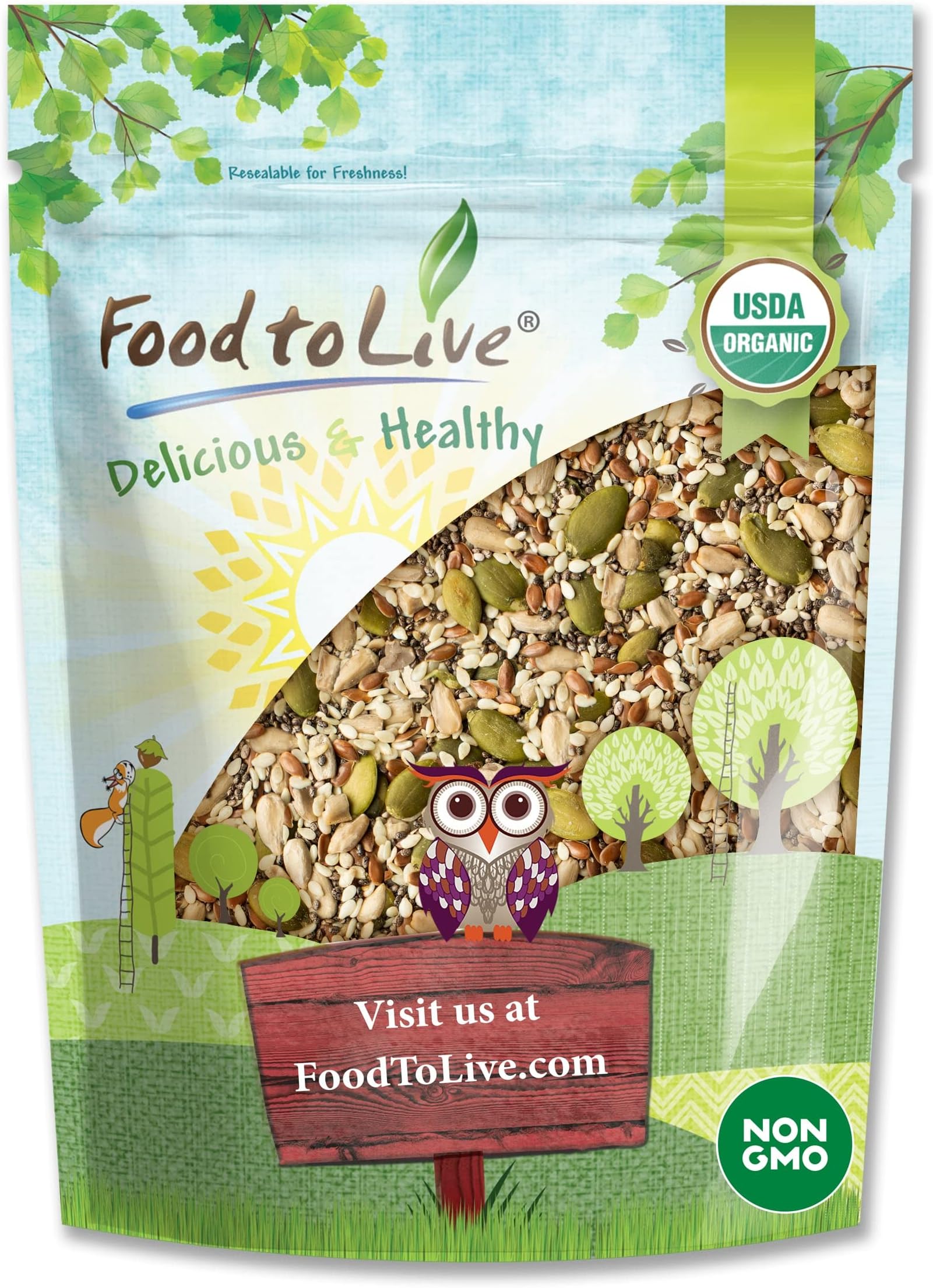 Food to Live Organic Super 5 Seeds Mix, 1.5 Pounds โ A Non-GMO Blend of Flax Seeds, Sesame Seeds, Sunflower Kernels, Pumpkin Kernels, and Chia Seeds, Vegan, Kosher, Bulk. Great for Smoothies & Salads