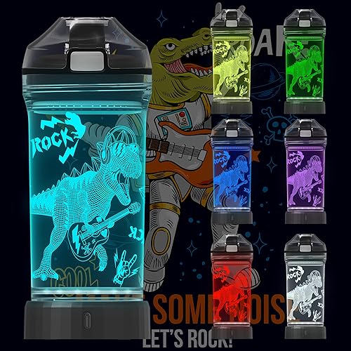 Attivolife Botella de agua con diseño de dinosaurio para niños con lámpara brillante de ilusión 3D, taza de viaje, función de temporizador ecológica