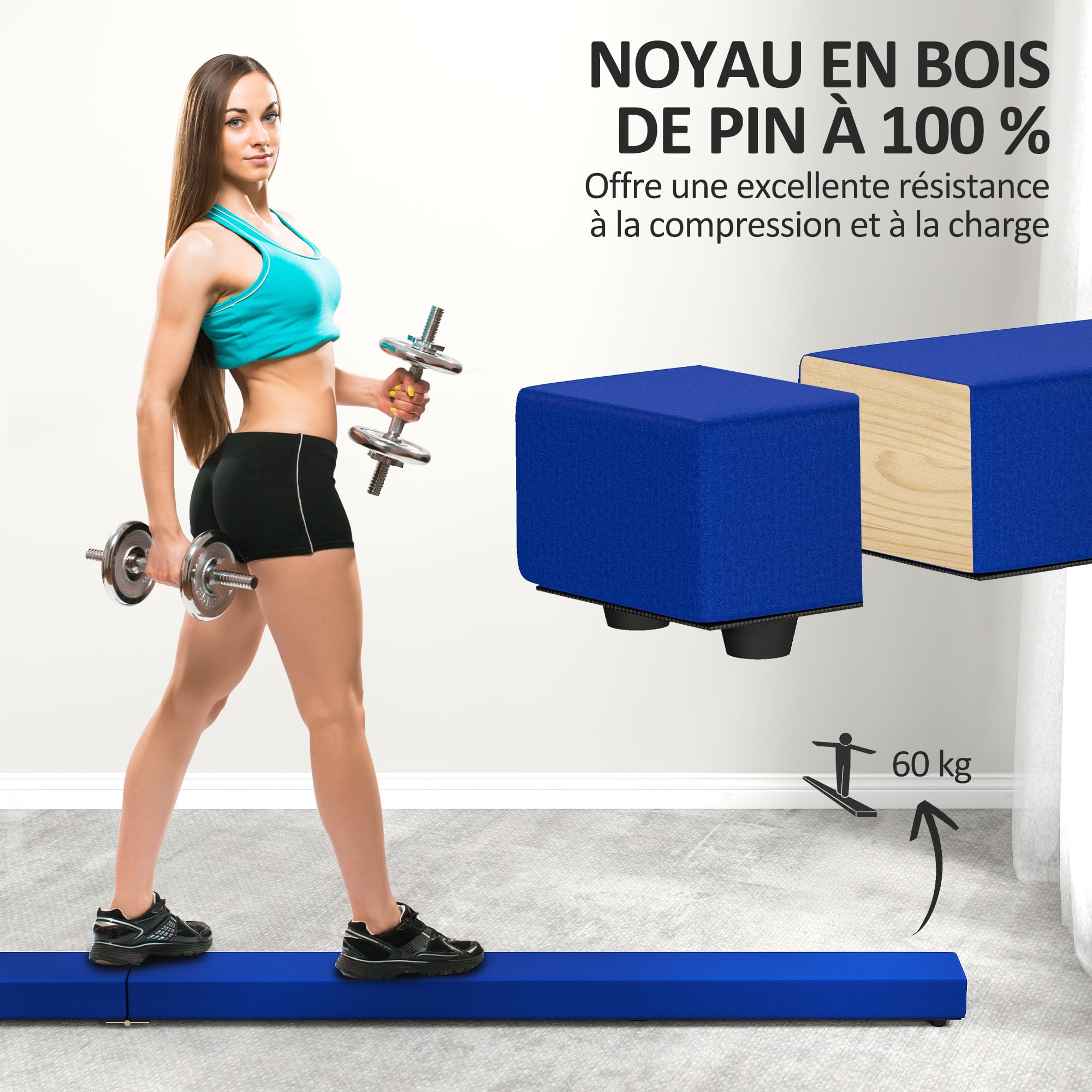 SPORTNOW Trave da Ginnastica Pieghevole, 240 cm, in Velluto, con Fondo Antiscivolo, Attrezzatura per l'allenamento da Ginnastica per Bambini e Adulti, Blu