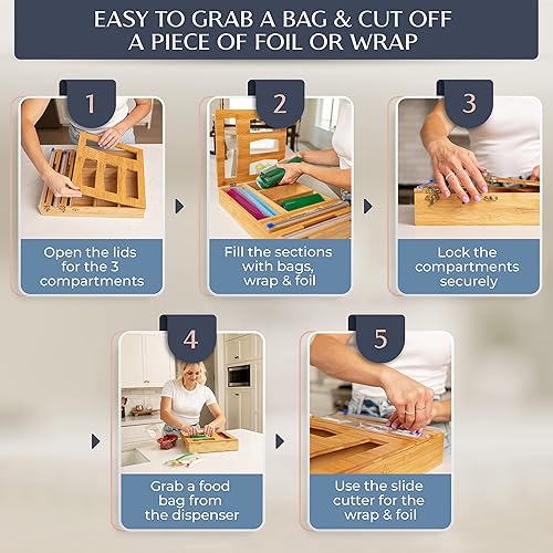 Miniatura 5 de Fluorite Organizador de cajones de cocina de bambú para papel de aluminio y plástico - Soporte de bolsa Ziplock para cajón - Organizador de