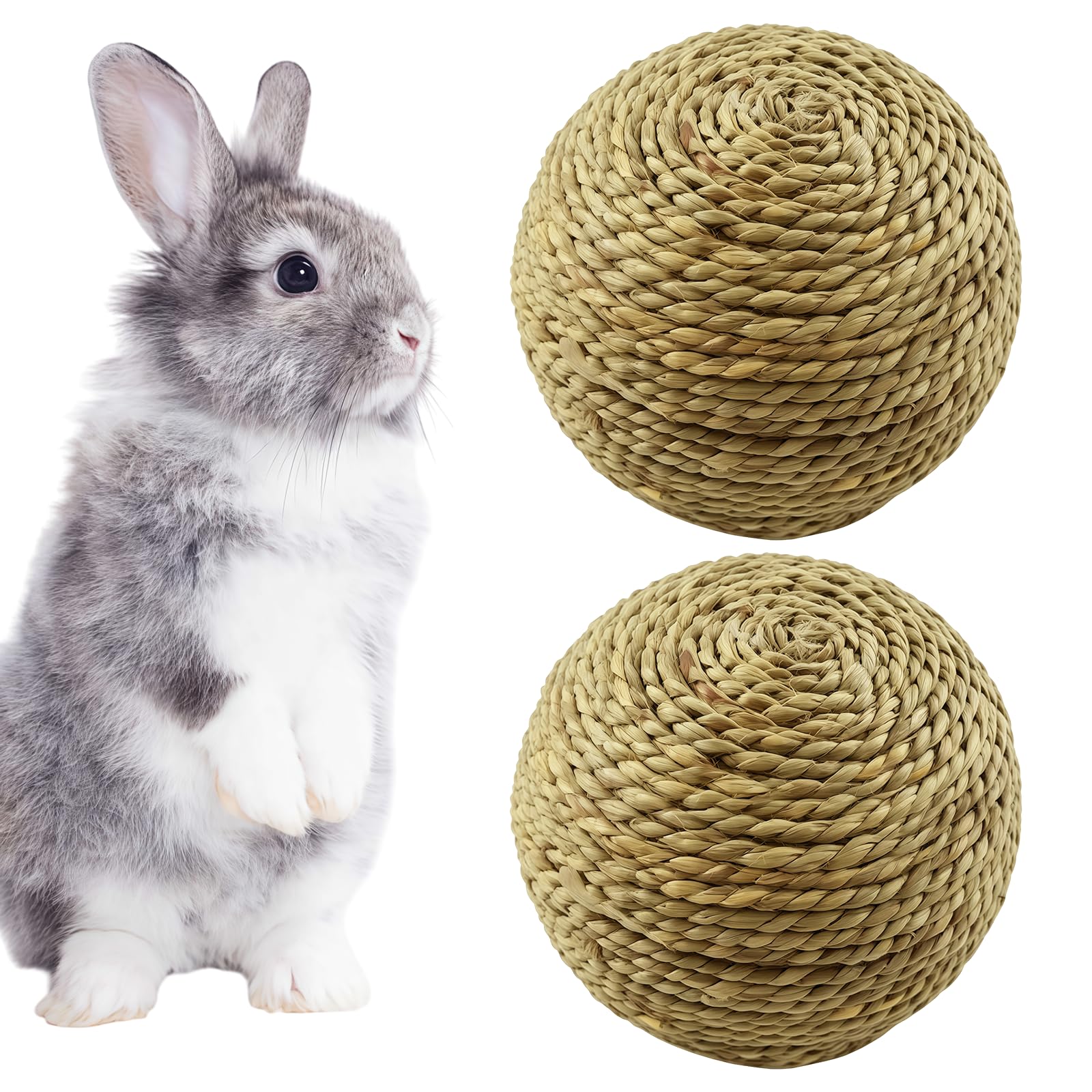 NAUZE 2 Pcs Rabbit Chew Grass Balls 6cm Natural Timothy Hay Ball Toy Small Animal Teeth Grinding Props Bunny Activity Play Supplies for Guinea Pigs Chinchillas Hamsters