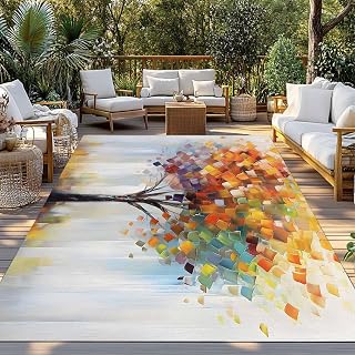 Fall Tree Leaves Orange Gradient Outdoor Rug Area Rugs 4x6ft, Non Slip Carpet Deck Patio Rugs, Watercolor Oil Painting Art Washable Camping Rug for Living Room Entryway Backyard