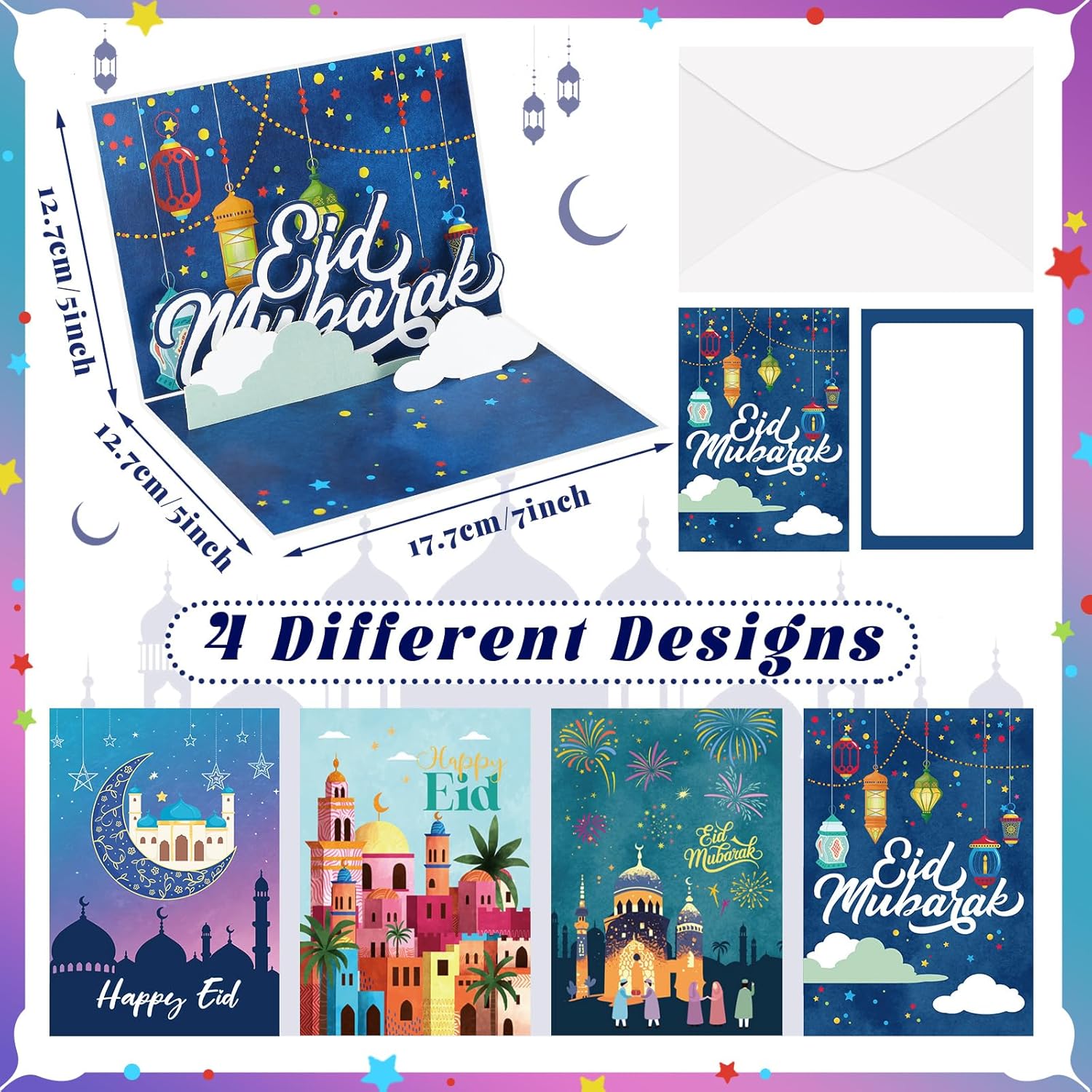 4 Pack Eid Mubarak Pop up Cards Islamic Ramadan Gifts Handmade 3D Happy Eid Mubarak Greeting Cards Includes Envelopes Letter Paper Religious Muslim Holiday Celebration Ramadan Decorations - Image 3