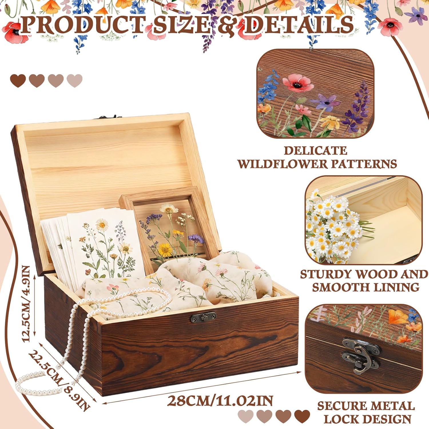 Gerrii Wildflower Wooden Keepsake Box Wedding Baby Shower Spring Flower Memory Storage Box with Buckle for Birthday Bridal Shower Graduation Baby in Bloom Party Supply(11.02 x 8.86 x 4.92 Inches)