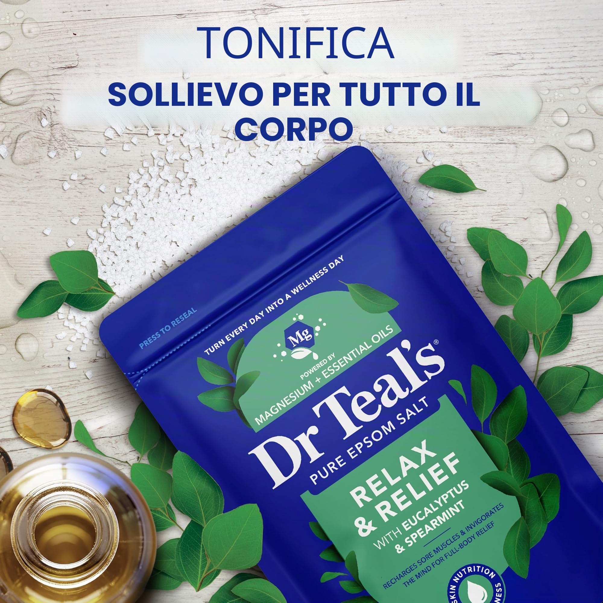 Dr Teal soluzione al sale di Epson puro, per rilassarsi e trarre sollievo, agli aromi di eucalipto e menta verde, 1,36 kg