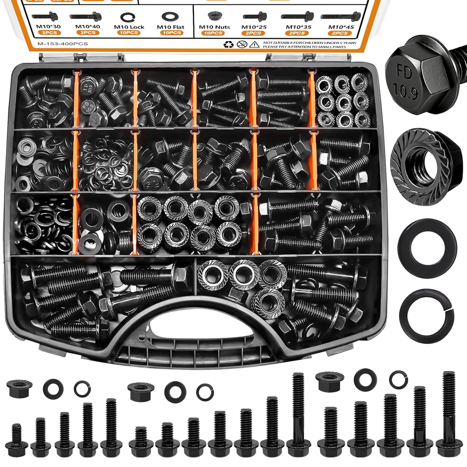 mankk 400PCS Metric Grade 10.9 Flange Bolts Nuts Washers Kit M6 M8 M10 (12-45mm) Black Alloy Steel Automotive Hex Bolt Assortment