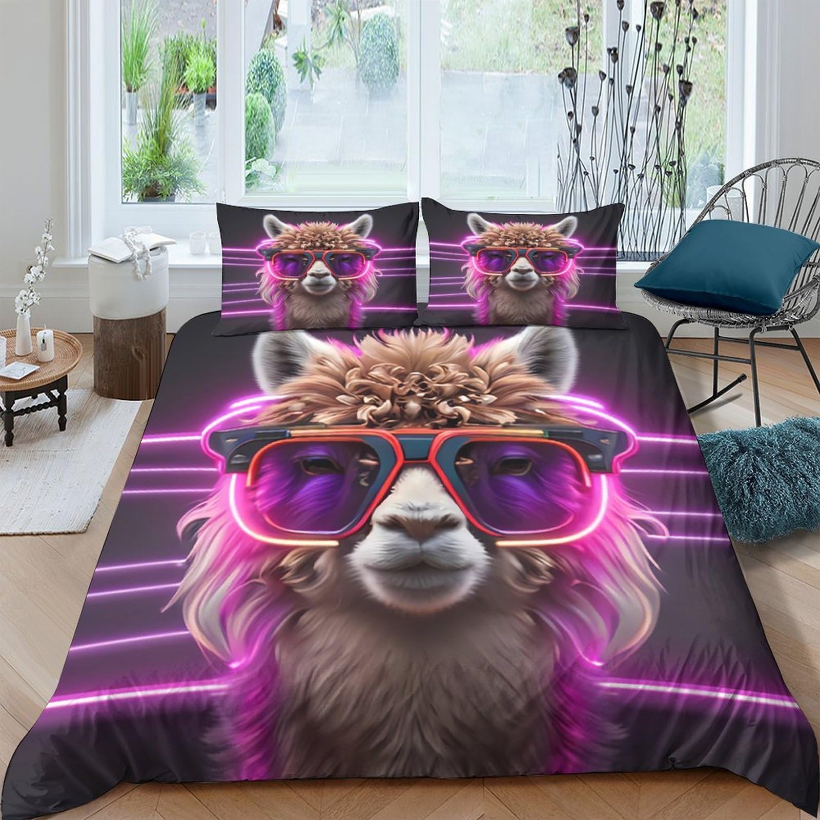 Ctjqhvkz Style-3 3D Printed Retro Alpaca Fitted Sheet Microfiber Soft Breathable Neon Sunglasses Bed Cover For Bedroom Dorm Mattress Decor Single（135X200cm）