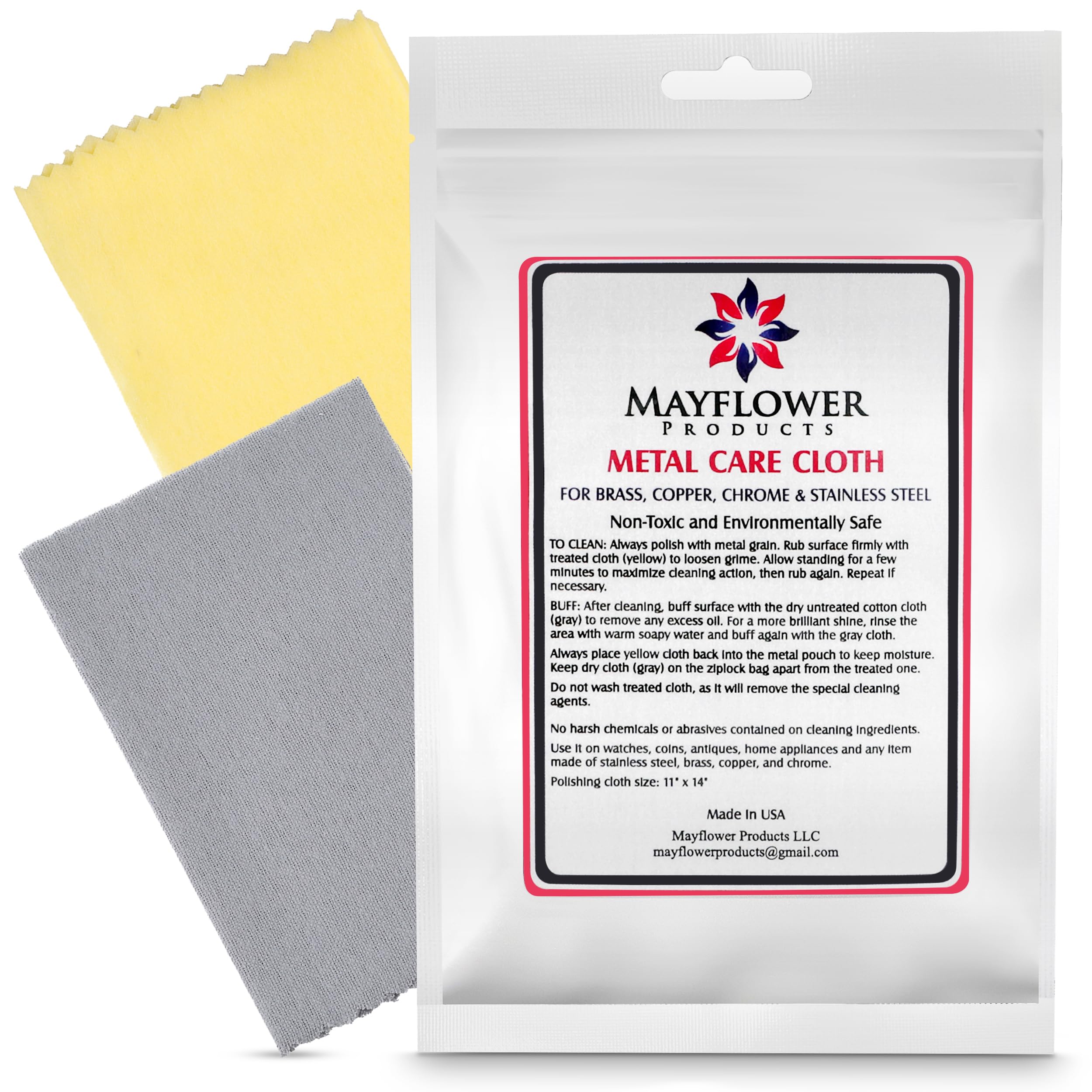 Mayflower Polishing Cloth for Stainless Steel Copper Brass Chrome Made in USA Non Toxic 2 Cotton Cleaning Set 11 x 14 in ea.User-Friendly Cleaner for Kitchen Watch Musical Instruments Coins Antiques