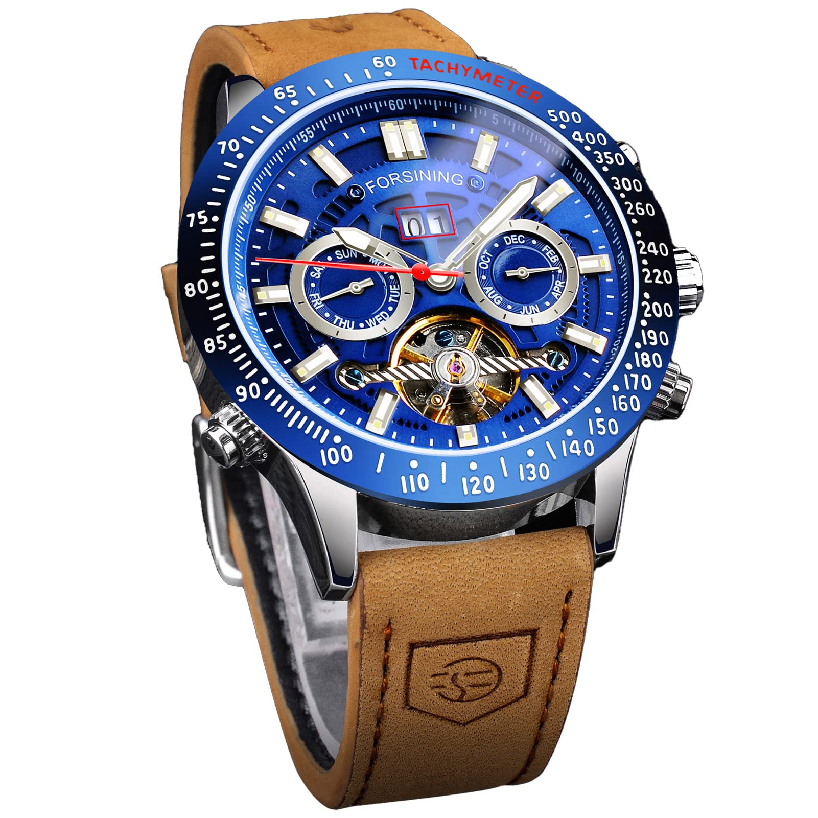 Forsining Herren-Armbanduhr, mechanisch, automatisch, Tourbillon, leuchtende Zeiger, analog, Datum, Luxus, Freizeit, Business, echtes Lederband, blau, Riemen