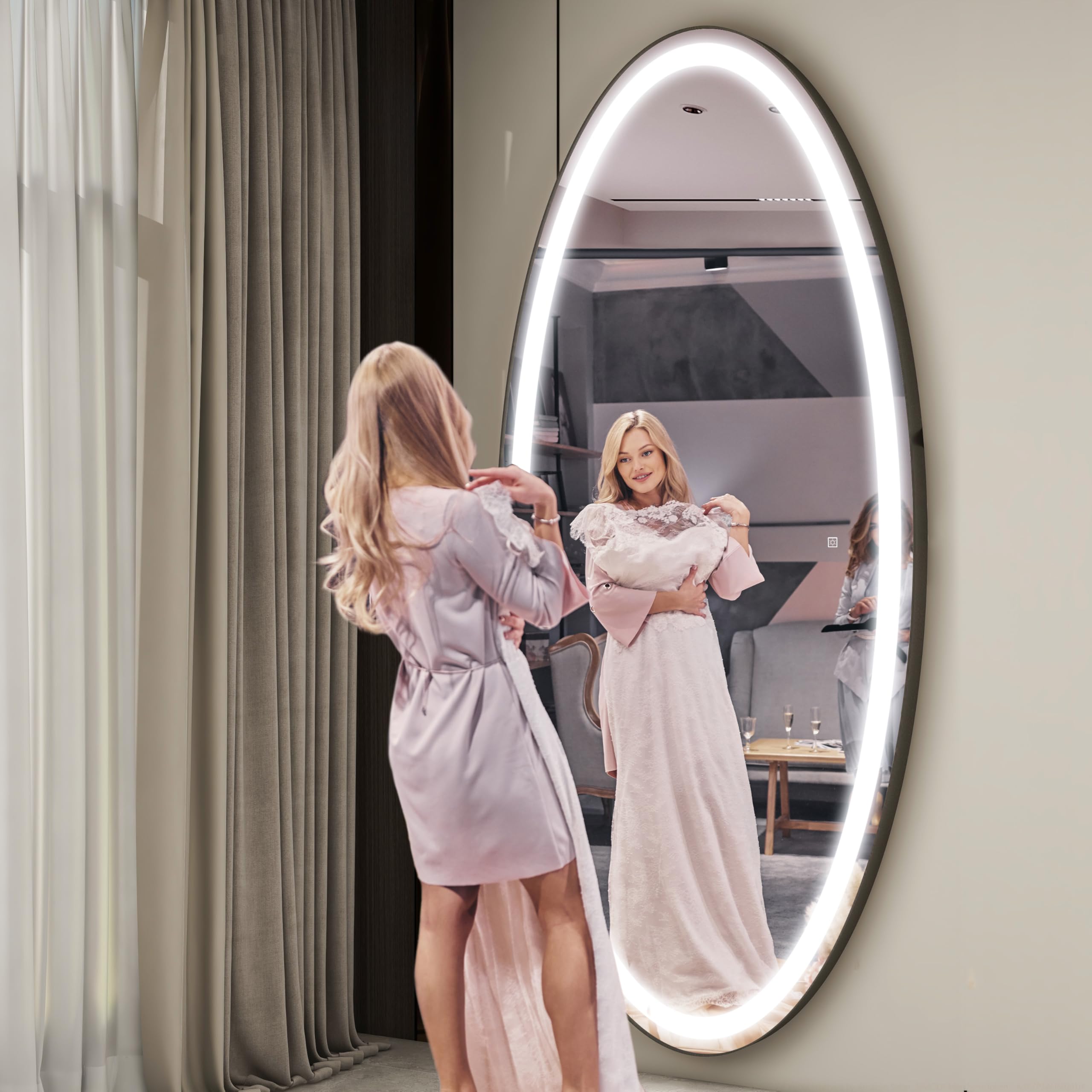 FENNIO 70" x 36" Large Wall Mounted Mirror with LED Lights, Oval Full Length LED Lighted Full Body Dressing Mirror for Bedroom, Salon, Brushed Aluminum Frame, Tempered Glass