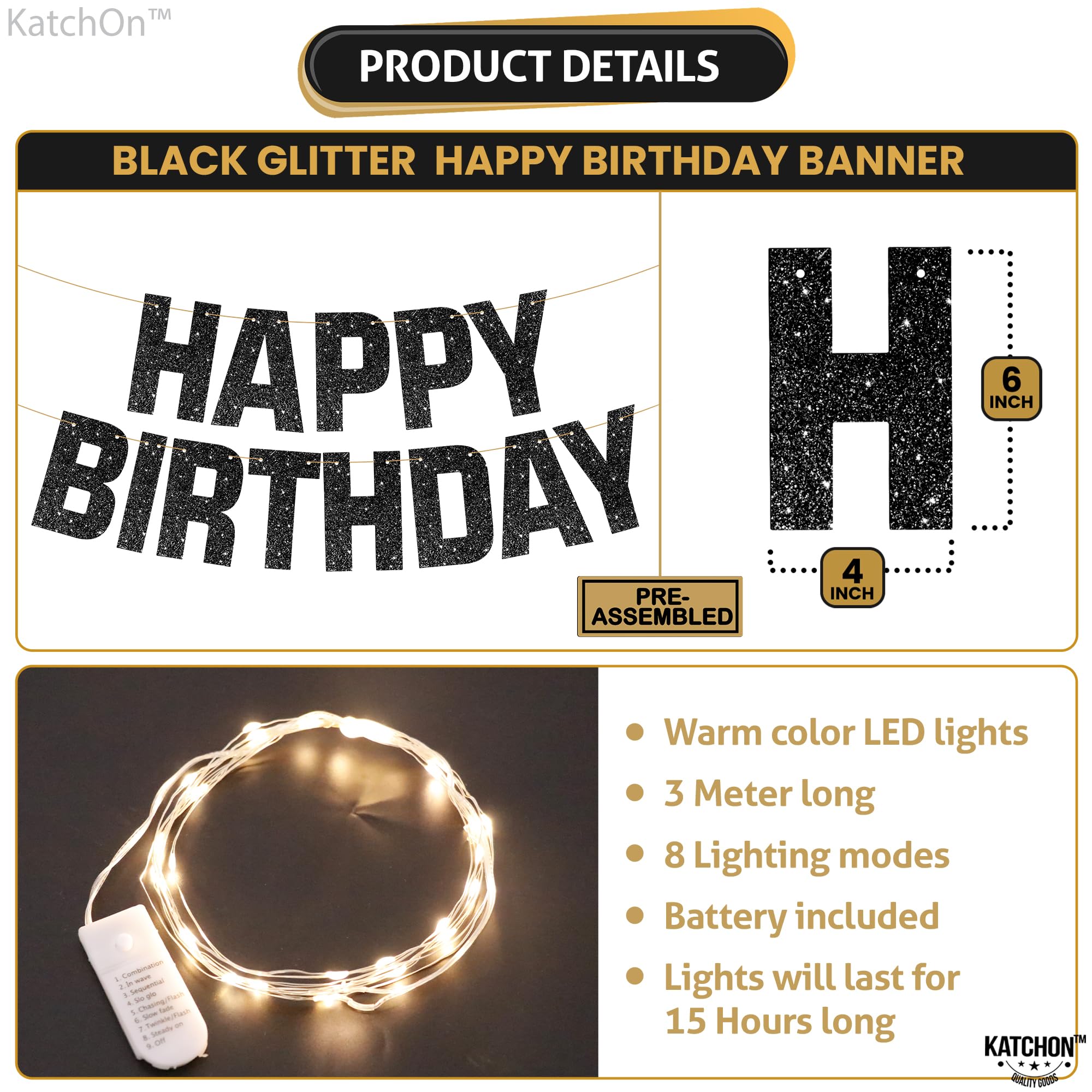 KatchOn, Glitter Black Happy Birthday Banner Light Up - Prestrung, 10 Feet | Light Up Happy Bday Sign | Happy Birthday Decorations for Men, Women, Boys, Girls | Black Party Decorations