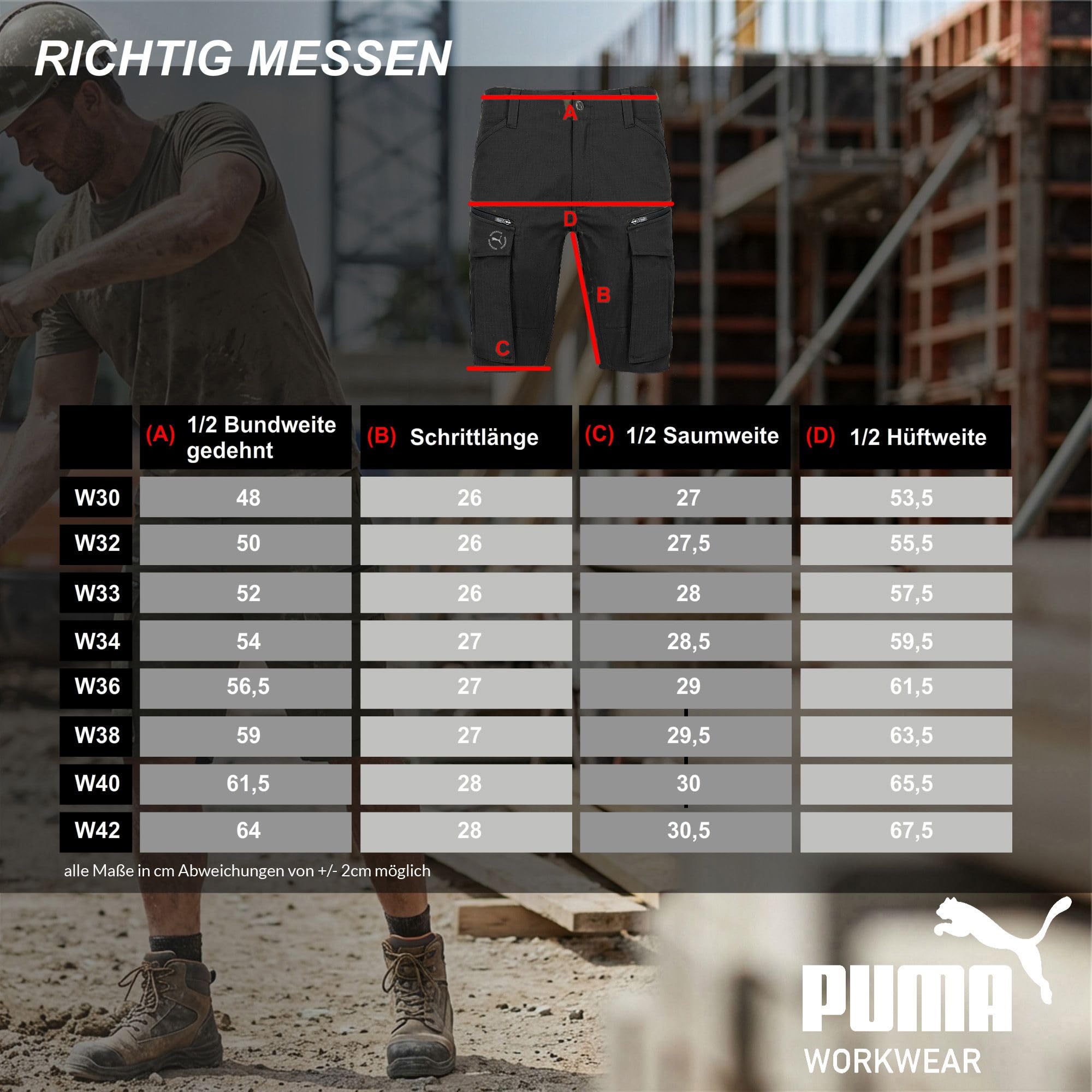 PUMA Workwear krótkie spodenki robocze męskie – wytrzymałe szorty ze stretchem i tkaniną Ripstop – gumka w pasie – podwyższona część tylna – szlufka na ramię – pokrowiec na telefon komórkowy