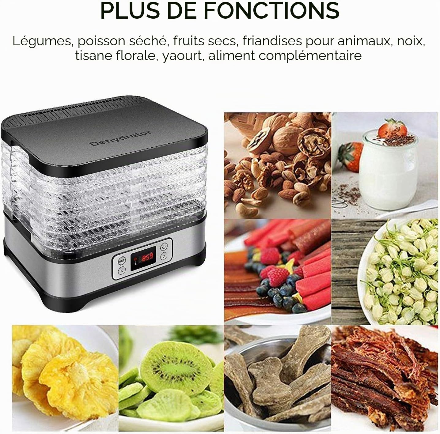 Déshydrateur 400W 8 Plateaux avec LCD, Séchoir Alimentaire pour Fruits Légumes Viande, Timer 72H, Sans BPA