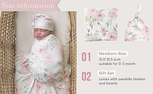 Miniatura 4 de Giggle Angel Conjunto de manta de recepción de bebé, manta para envolver al recién nacido, patrón de flores florecidas (rosa 3)