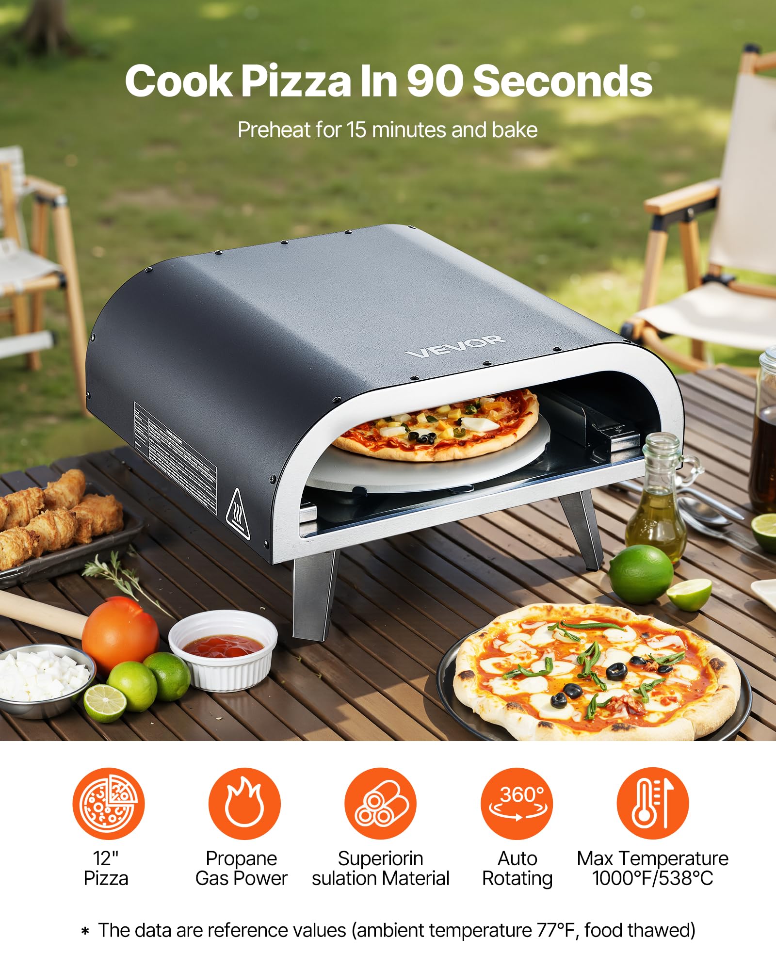 VEVOR Forno per Pizza da Esterno a Gas Propano 304,8 mm con Rotazione Elettrica, Pietra Spessa, Nero