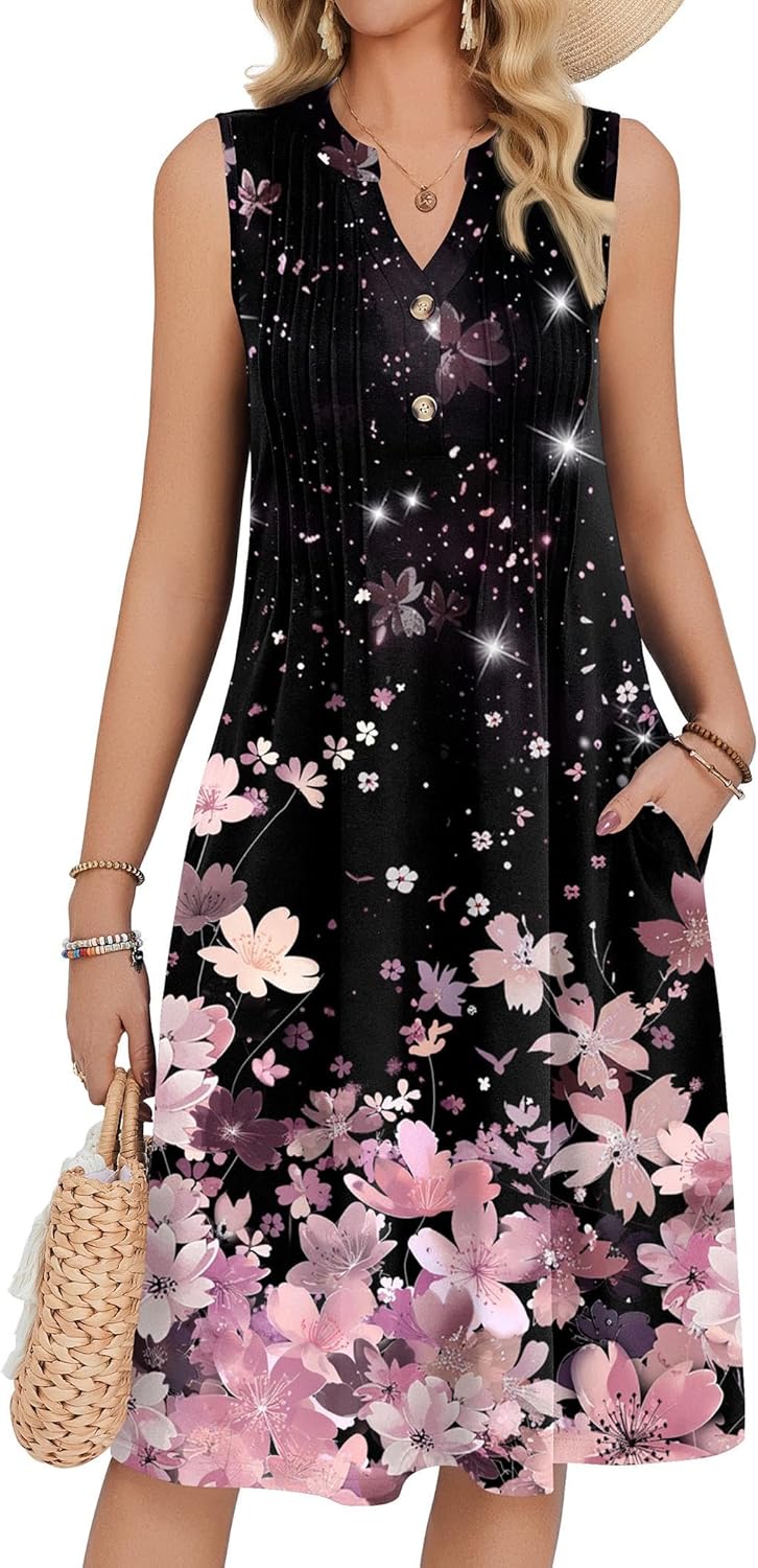 Zeagoo Women Summer Casual Dress 2026 Sleeveless Midi Tank Sundress with Pockets V Neck Buttons Pleated A Line Tshirt Dress