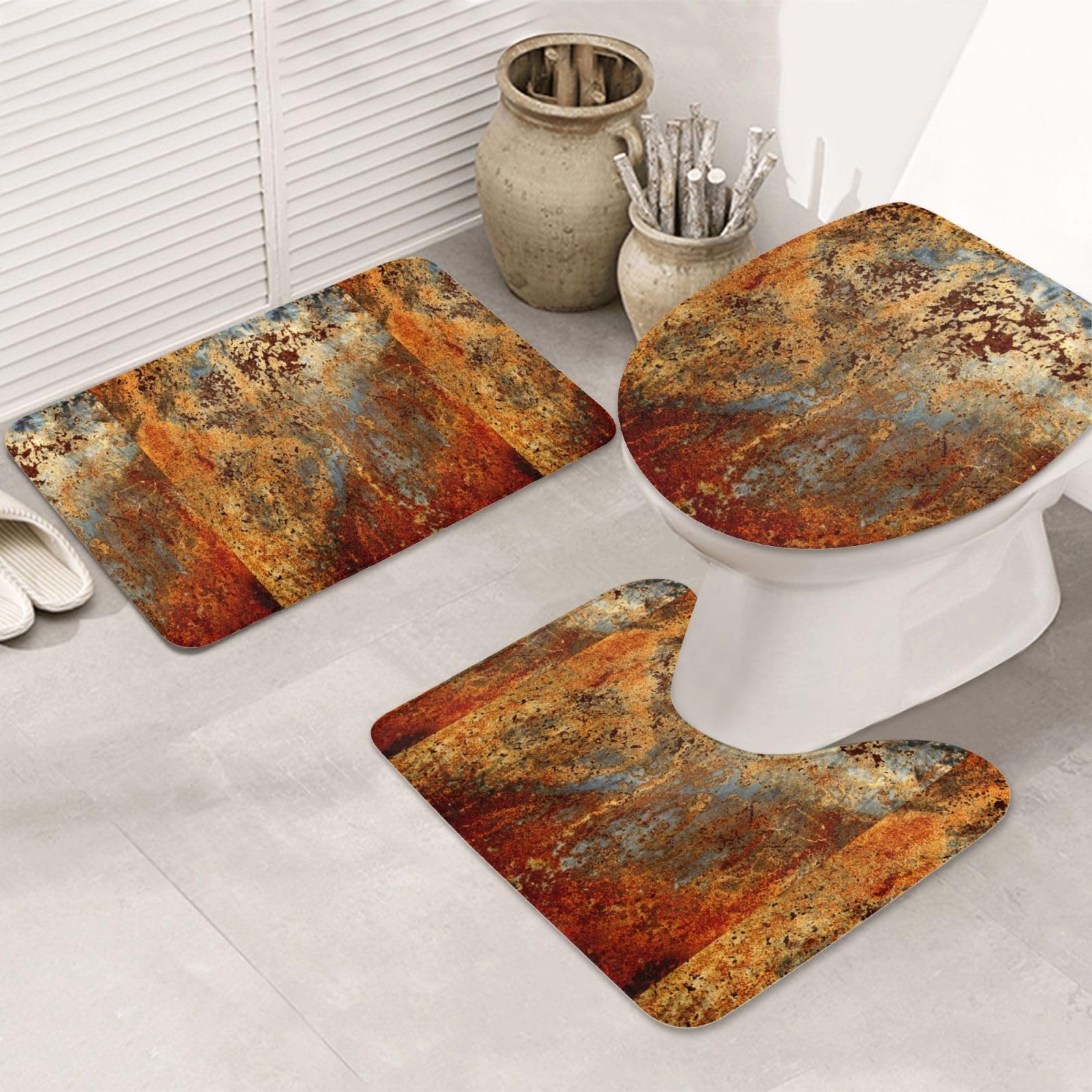 Tapis de bain 3 pièces design feuille d'or, set de sol premium lavable