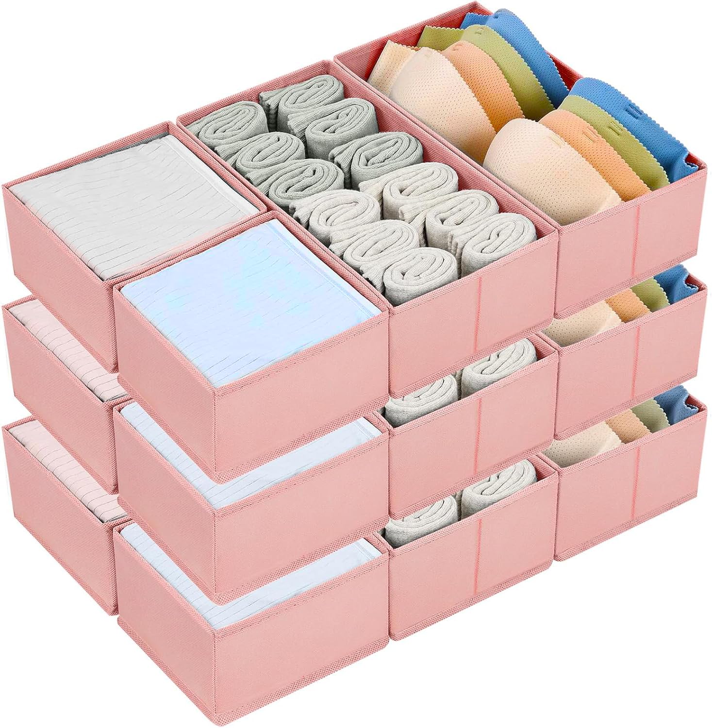 Homsorout Schubladen Organizer Kleiderschrank Organizer - 12 Stück Faltbare Unterwäsche Organizer Aufbewahrungsbox Stoff Schubladen Ordnungssystem für Hosen, Kleidung, Socken, Rosa