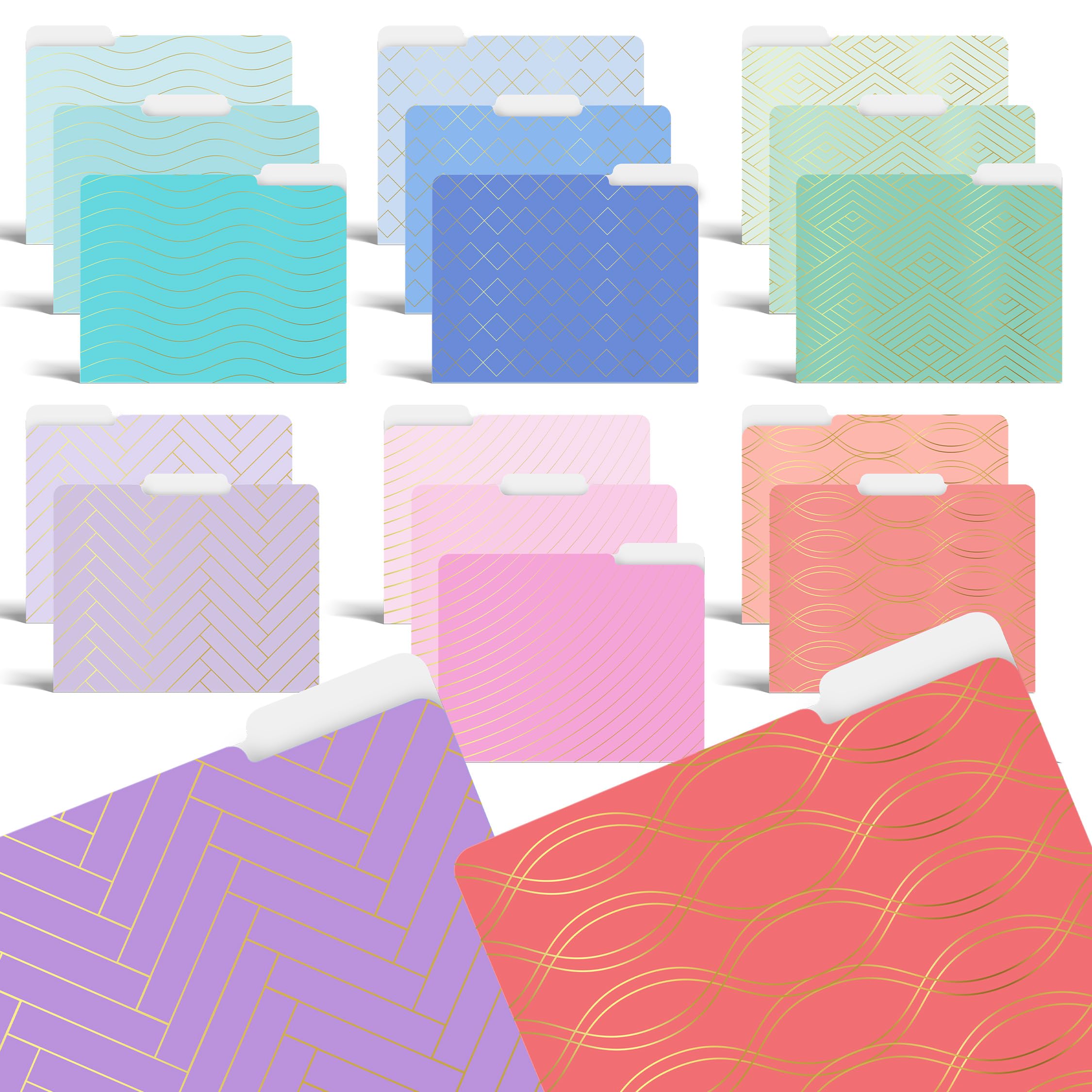 Better Office Products Decorative File Folders with Gold Foil, 18 Pack, 18 Geometric Designs (6 Ombre Color Themes) Heavyweight, Letter Size (9.5" x