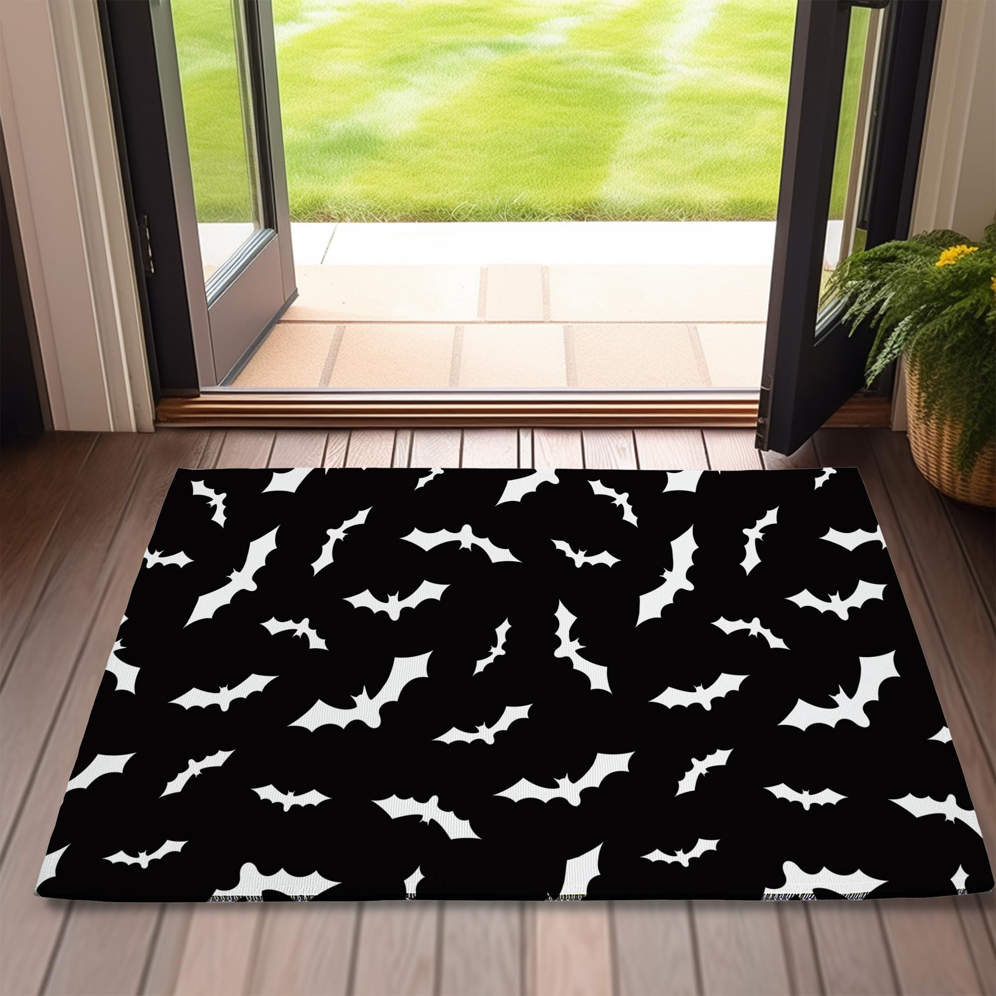 Halloween Bats Welcome Door Mat,Black Bat Doormat for Outside Entrance Home Decor,Non-Slip Carpet Rugs with Felt Entryway Mat for Patio Indoor Front