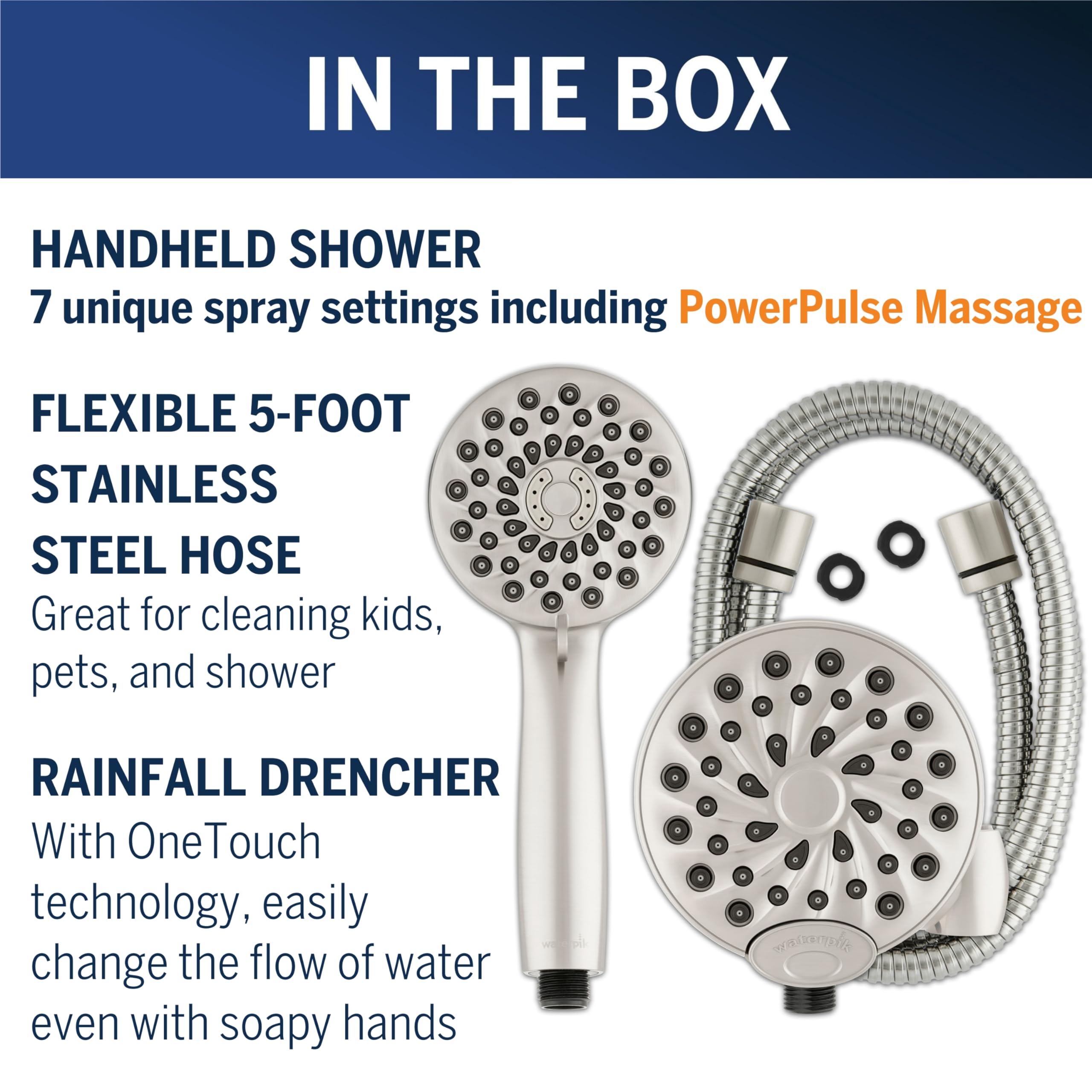 Waterpik One-Touch Dual 2-in-1 Shower System with Rain Shower Head and 7-Mode Hand Held Shower Head, Brushed Nickel XPB-139E-769ME - Image 4