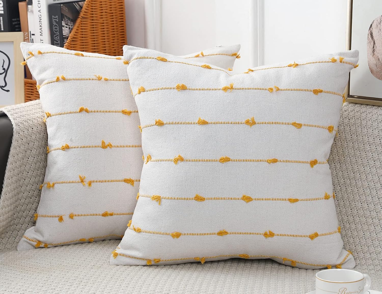Set of 2 Boho Throw Pillow Covers 26x26,Beige Yellow Neutral Couch Pillow Case with Tassel Fringe Decorative，Modern Accent Farmhouse Cushion Covers for Sofa Couch Bed Living Room