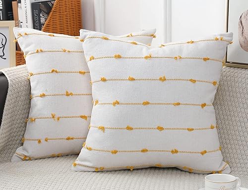 Juego de 2 fundas de almohada bohemias de 26 x 26 pulgadas, color beige amarillo neutro con flecos decorativos y borlas, fundas de cojín modernas