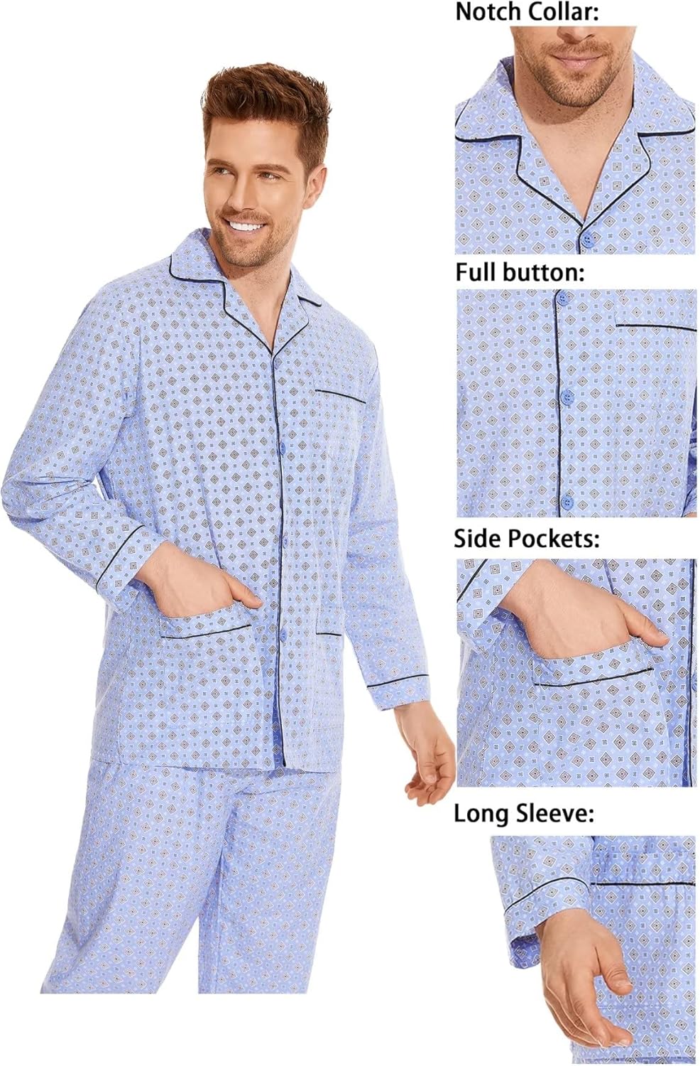 amaxer Mens 100% Cotton Pajamas Set Long Sleeve Pjs Button Fly Pants Soft Elastic Drawstring Waistband Bottoms - Image 9