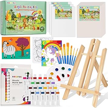 ACGASK 43 Pieces Acrylic Painting Kits for Kids,Non Toxic Arts Supplies and Paint Set for Kids with 6 Canvas Panels,24 Color Paints,15 Paper pad,Table Easels,10 Brushes Etc,Painting Kit Gift