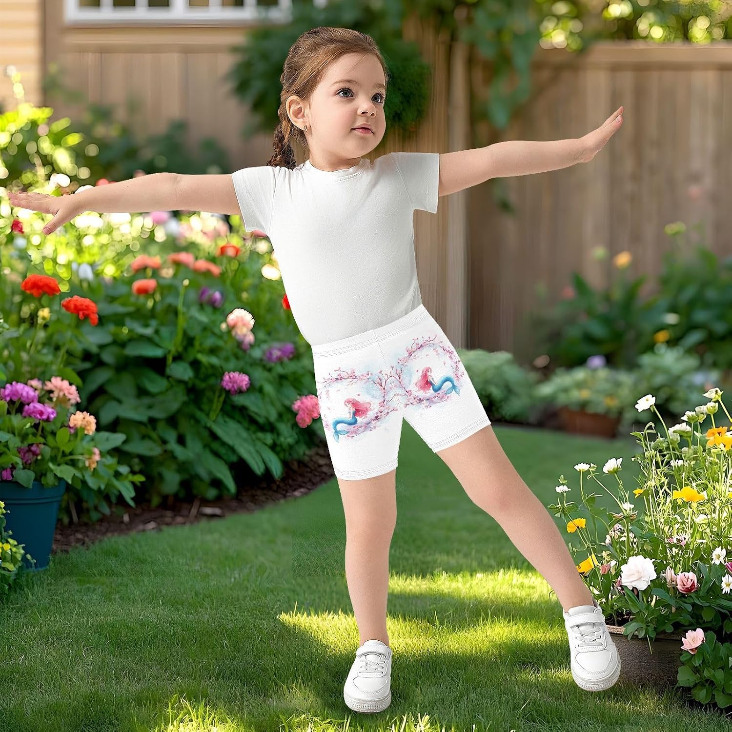 Mermaid Floral Pink Girls Bike Shorts Toddler Soft Cotton Active Biker Shorts