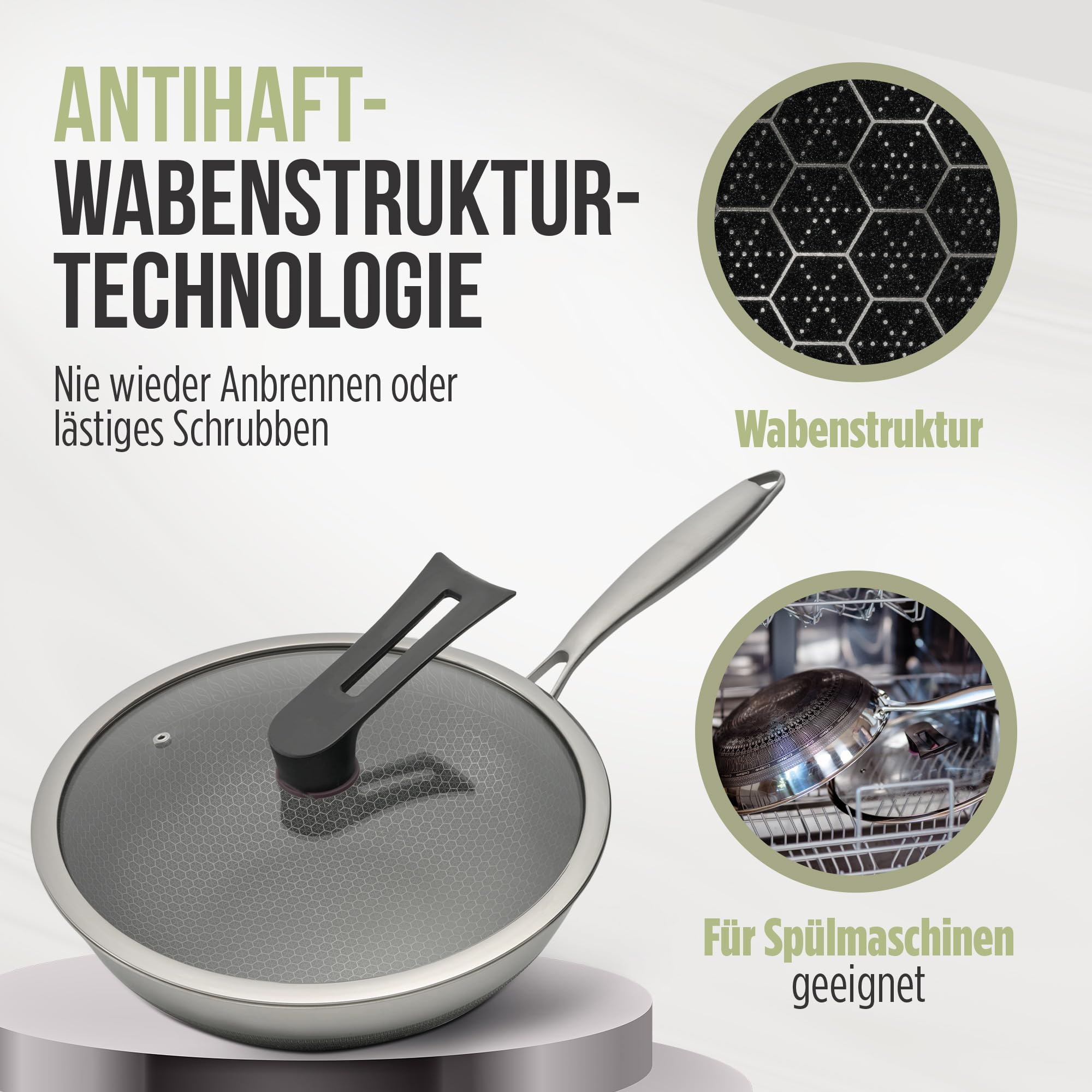 Wokpfanne mit Deckel Wok Pfanne Induktion 28cm - aus Edelstahl mit Antihaft Wabenstruktur | geeignet für Induktionsherd, Elektro, Gas | Spülmaschinenfest, gleichmäßige Hitzeverteilung