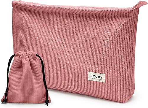 Miniatura 10 de WLLWOO - 2 bolsas de maquillaje de pana con cara sonriente, bolsa de cosméticos con cremallera interior impermeable, estuche para lápices, monedero,