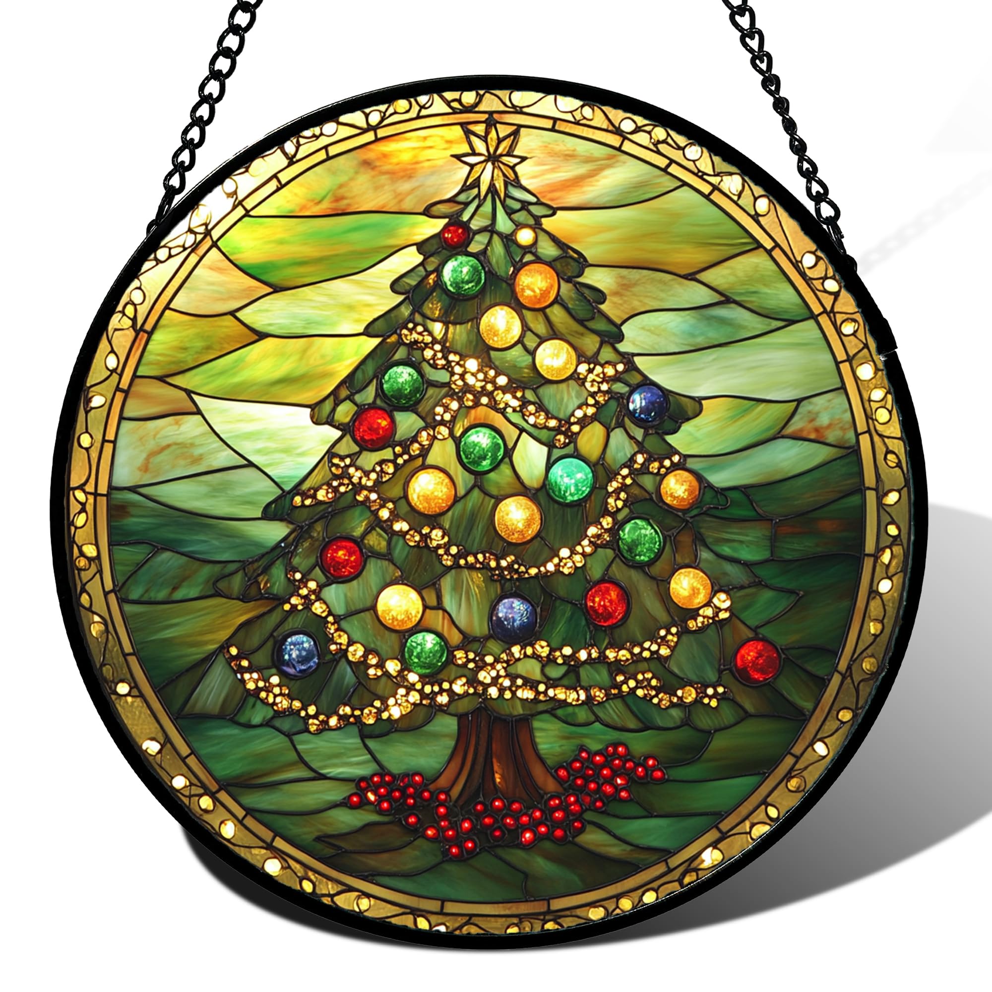 Green Christmas Tree Gold Ribbon Stained Glass Window Hanging Gifts 15"