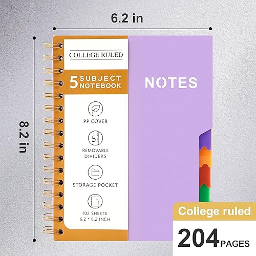 Miniatura 2 de CAGIE Cuaderno de 5 materias con rayas universitarias de 6 x 8 pulgadas, tapa dura, con 5 divisores de colores extraíbles, 240 páginas, cuadernos