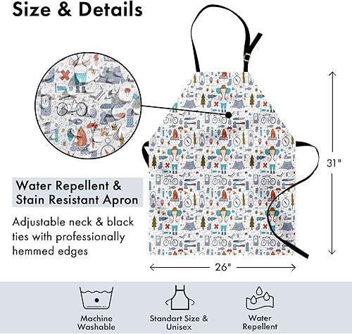 Miniatura 8 de Lunarable Funky Delantal, náutico submarino con líneas de peces y arrecife de coral oceánico, babero de cocina unisex con cuello ajustable para