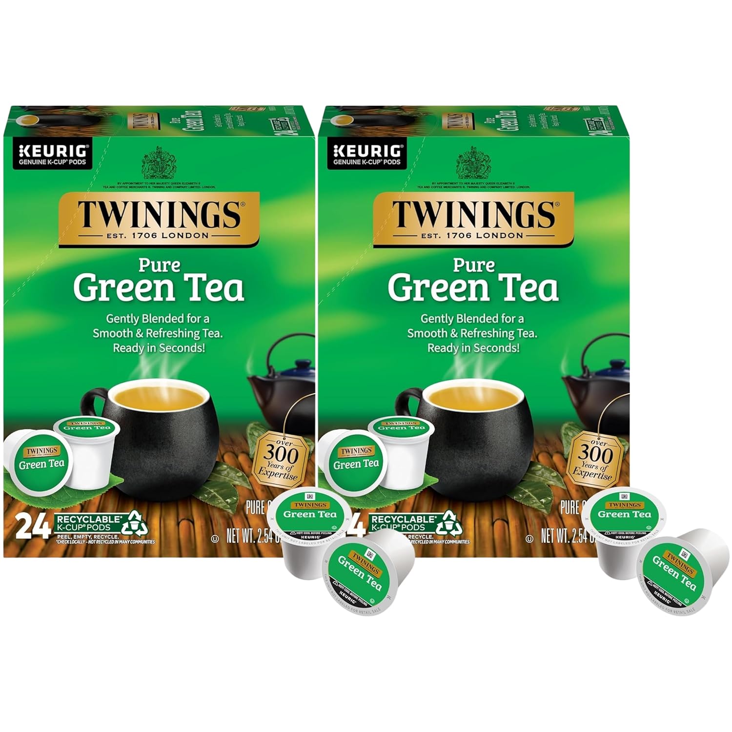 Twinings Pure Green Tea K-Cup Pods for Keurig, 24 Count (Pack of 2), Smooth Flavour, Enticing Aroma, Caffeinated, Enjoy Hot or Iced